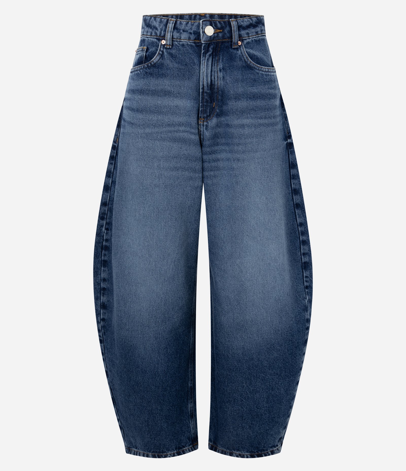 Calça Barrel em Jeans com Cintura Alta e Recortes Laterais Azul 1