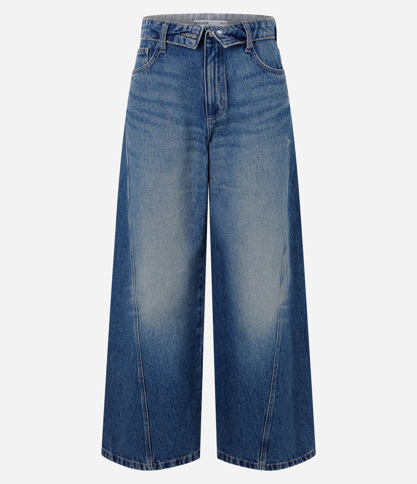 Calça Wide em Jeans com Cós Dobrado e Lateral Deslocada Azul 8