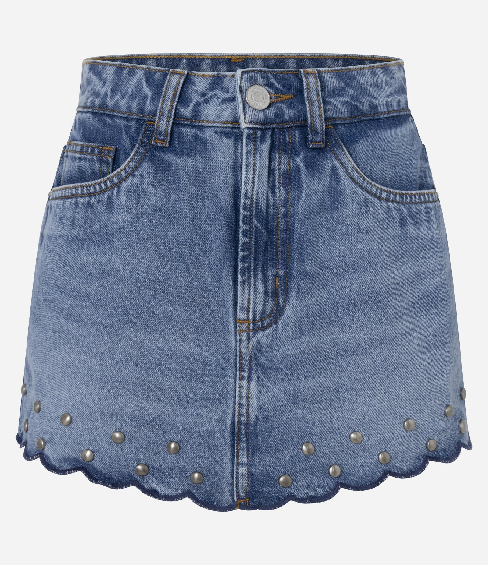 Short Saia Jeans Bordado Com Tachas Azul Médio 1
