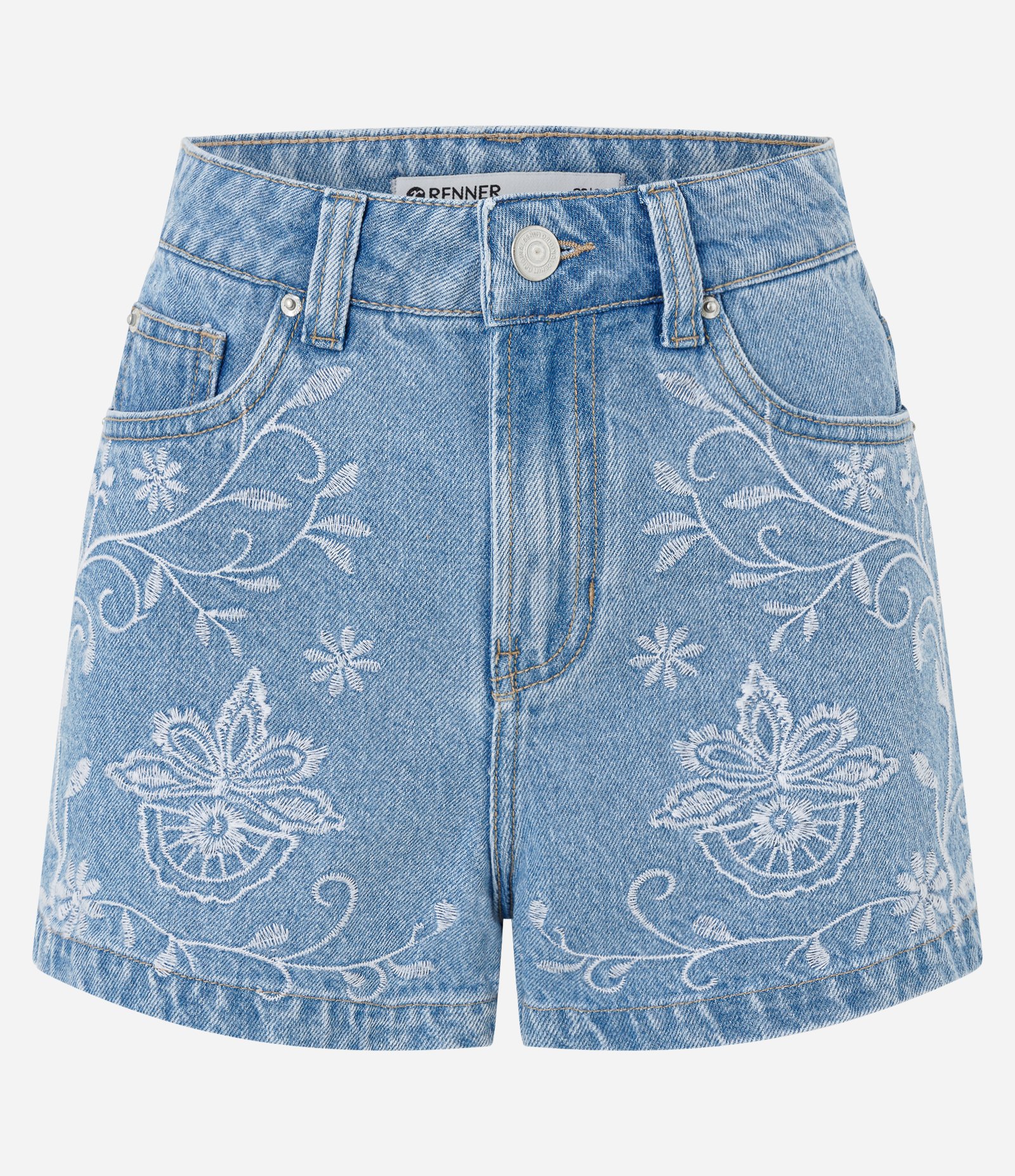 Short em Jeans com Cintura Alta Bordado Floral Azul 3