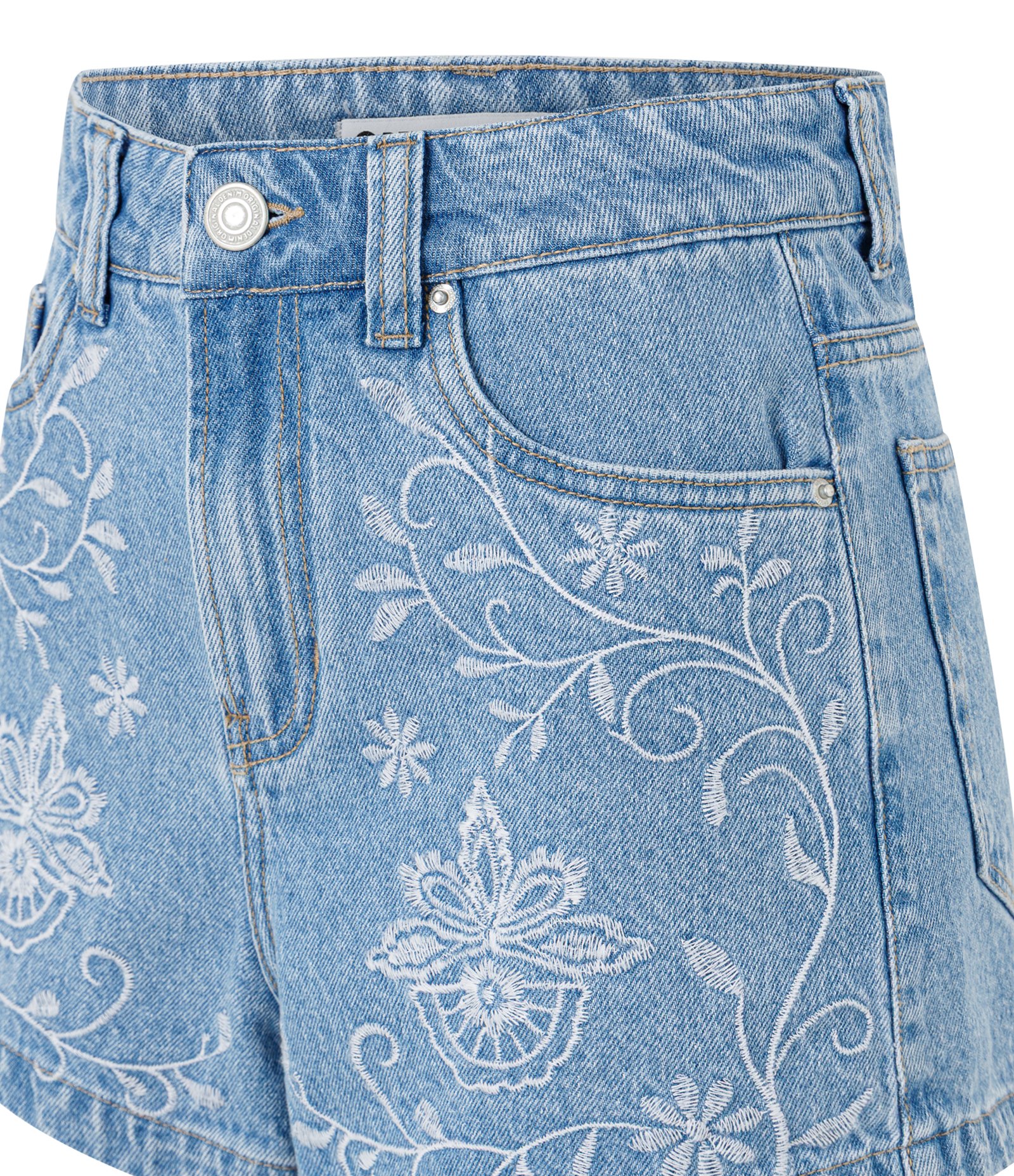 Short em Jeans com Cintura Alta Bordado Floral Azul 4