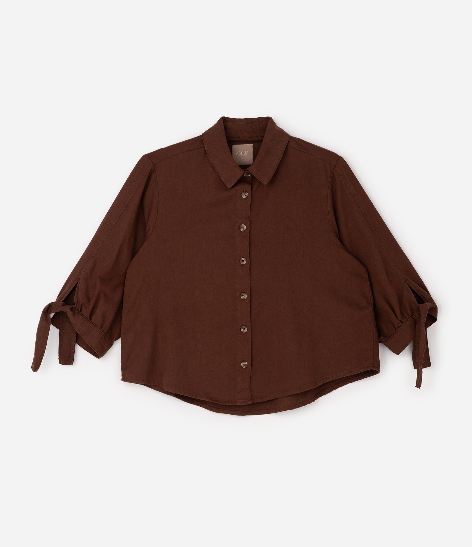 Camisa em Sarja com Amarração no Punho e Manga 7/8 Curve & Plus Size Marrom 5