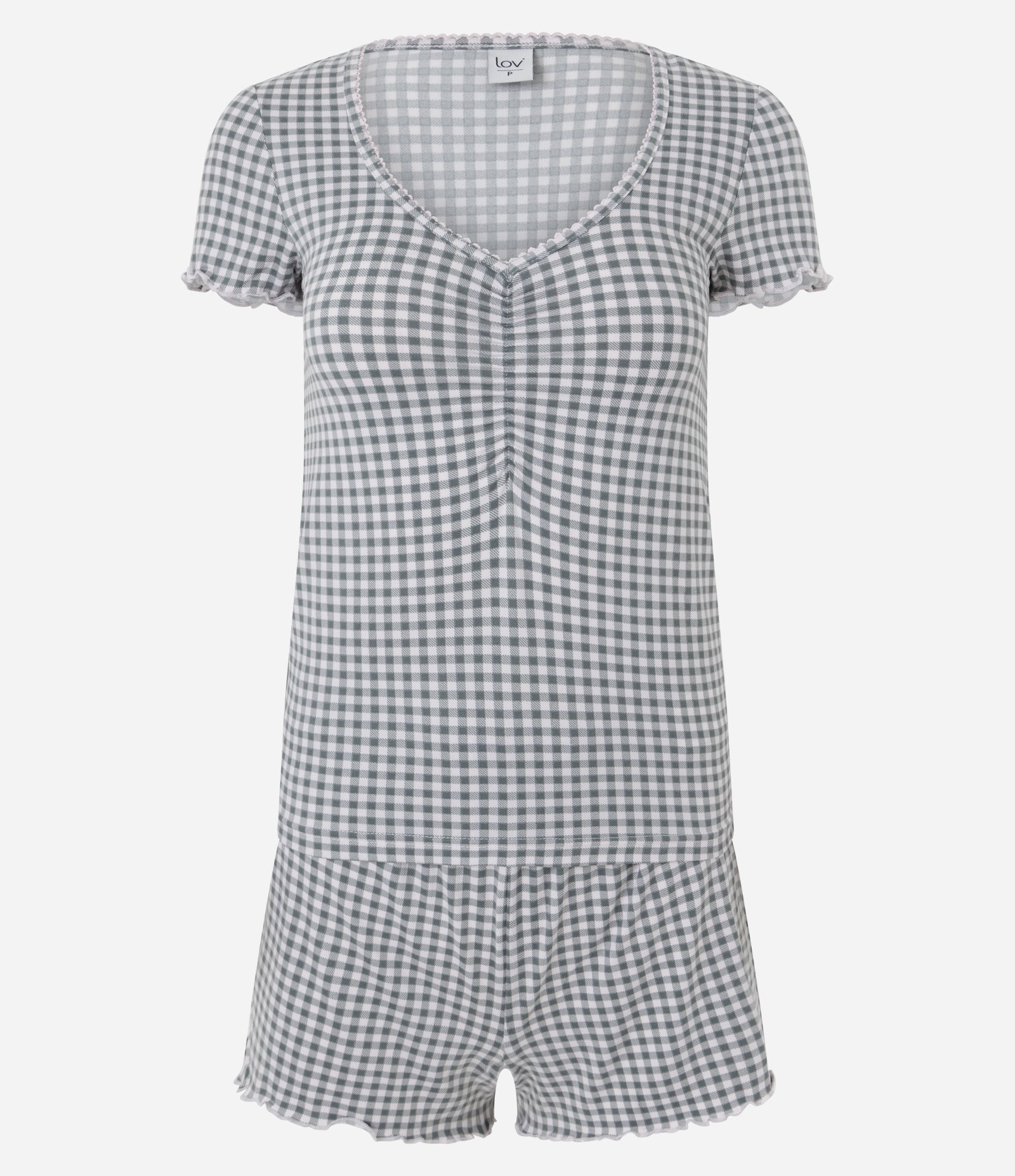 Pijama Curto em Peach Touch Xadrez com Franzido no Busto Verde 5
