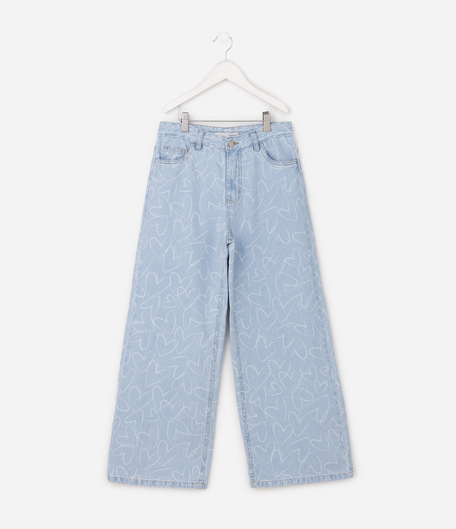Calça Jeans Wide Leg Infantil com Estampa de Corações - Tam 5 a 16 Anos Azul 2
