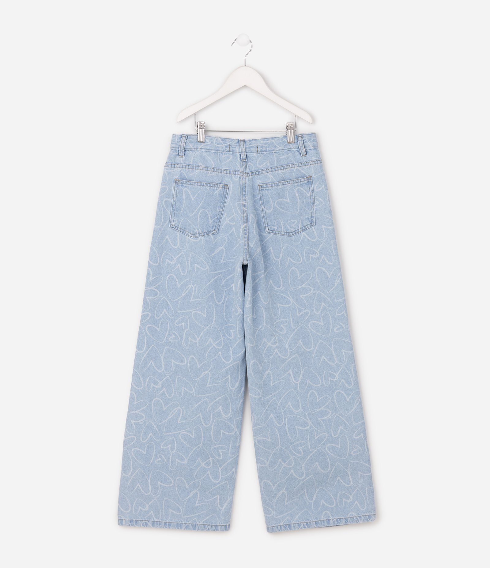 Calça Jeans Wide Leg Infantil com Estampa de Corações - Tam 5 a 16 Anos Azul 3