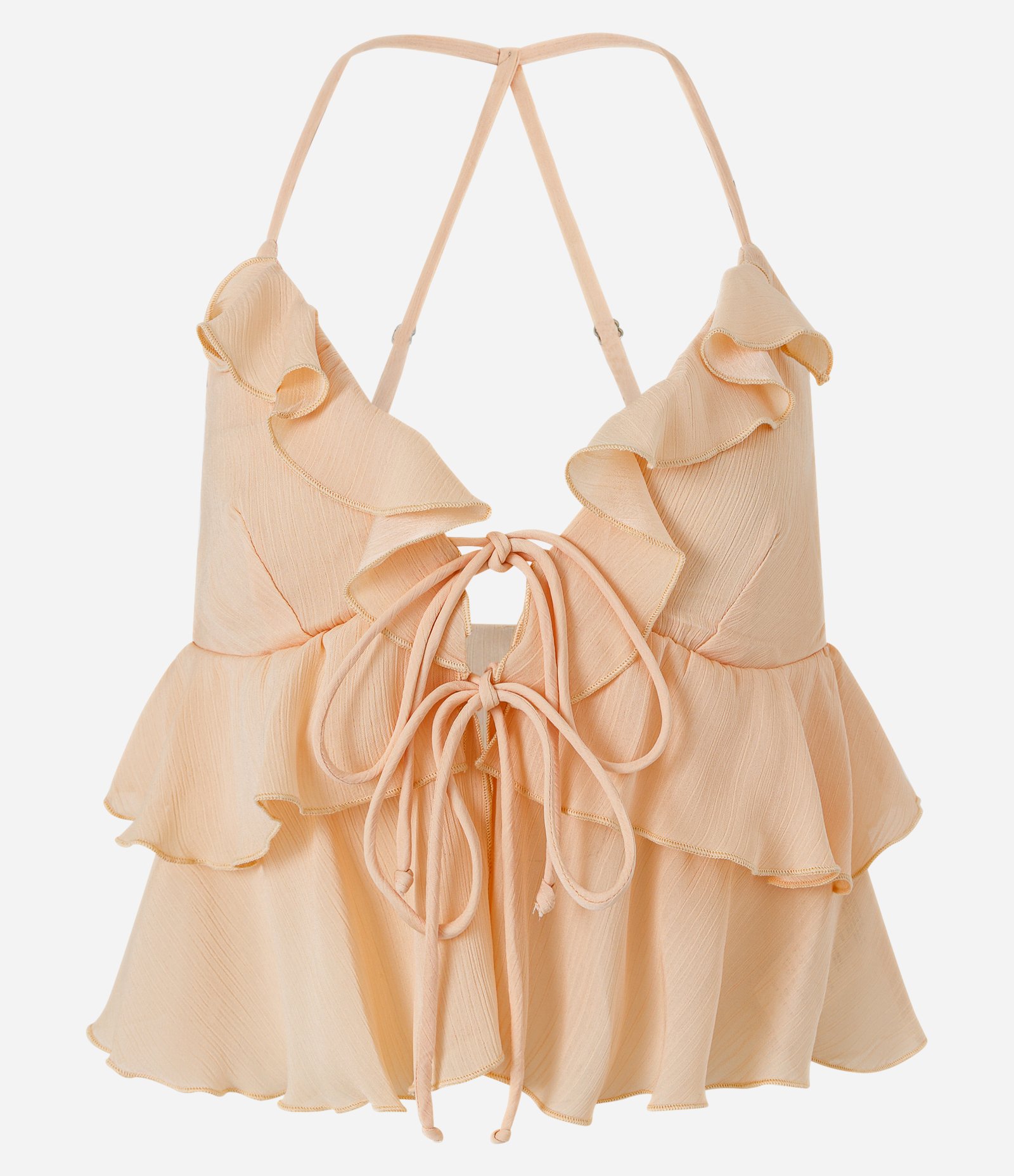 Blusa em Chiffon Texturizado com Babados e Amarração Frontal Bege 1