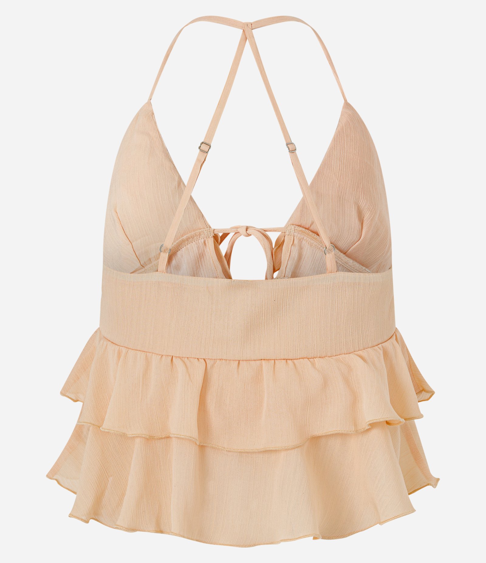 Blusa em Chiffon Texturizado com Babados e Amarração Frontal Bege 3