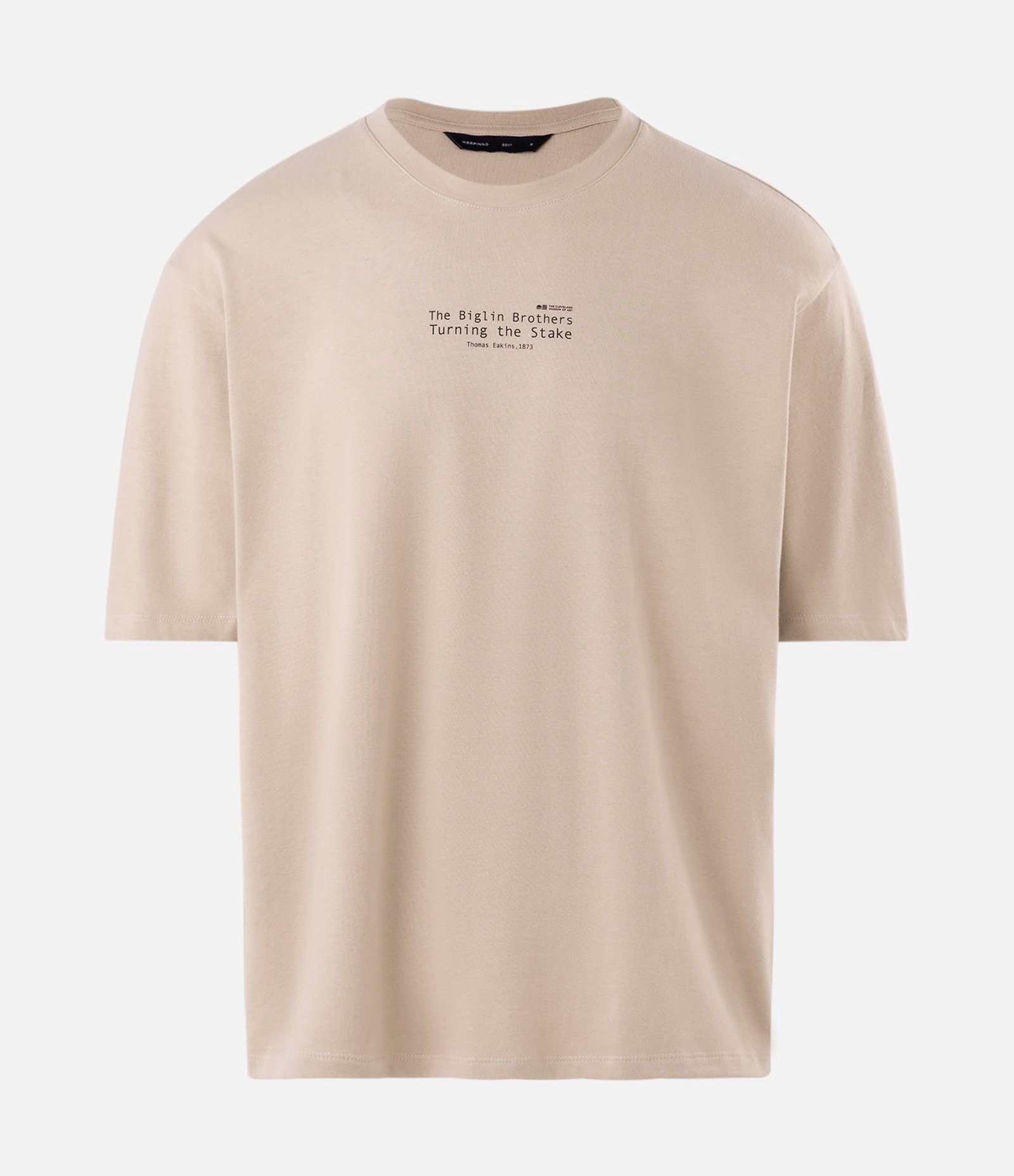 Camiseta Boxy em Algodão Texturizado com Estampa Artística Bege 1