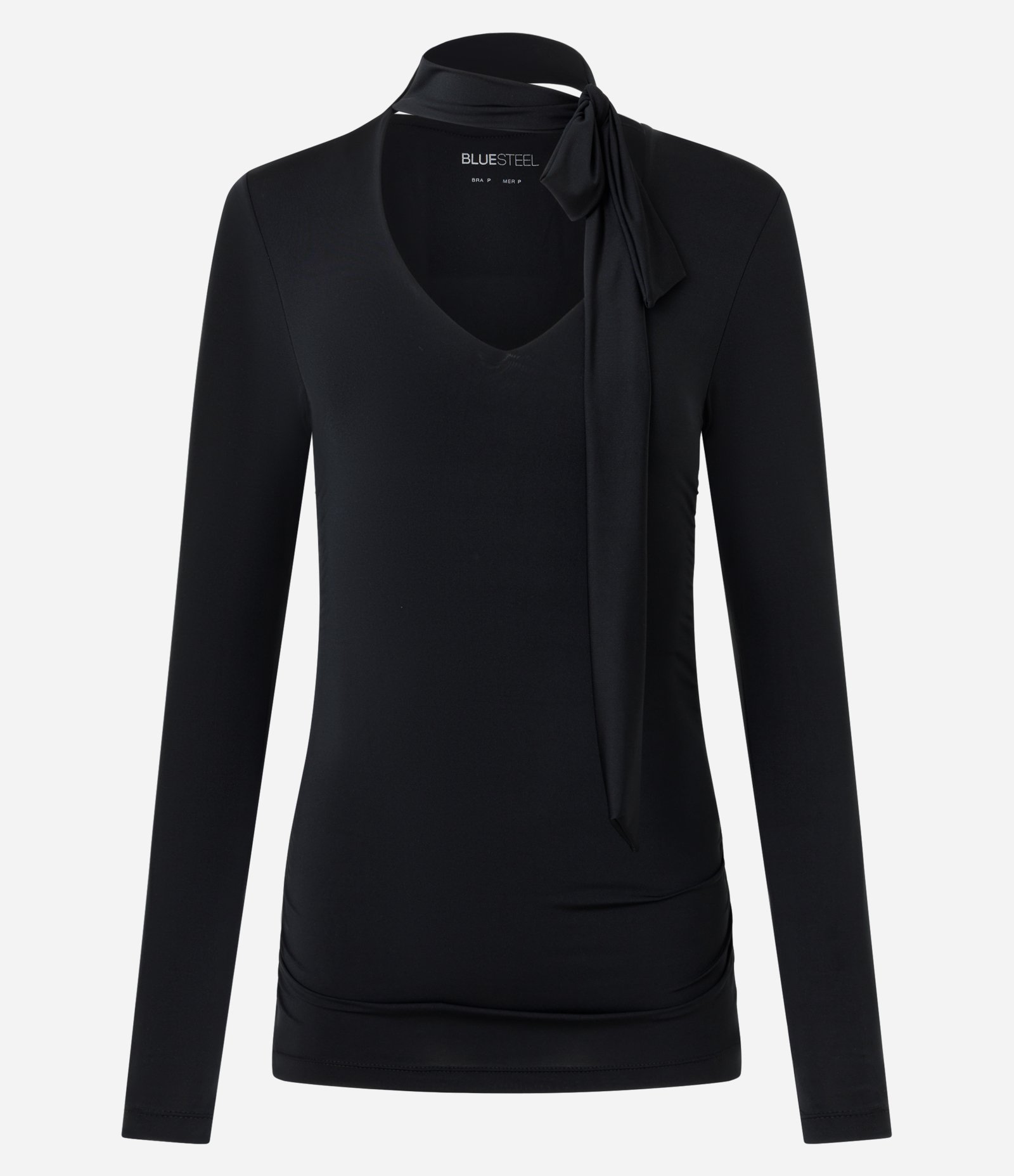 Blusa Franzida em Microfibra com Decote V e Gola Laço Preto 5