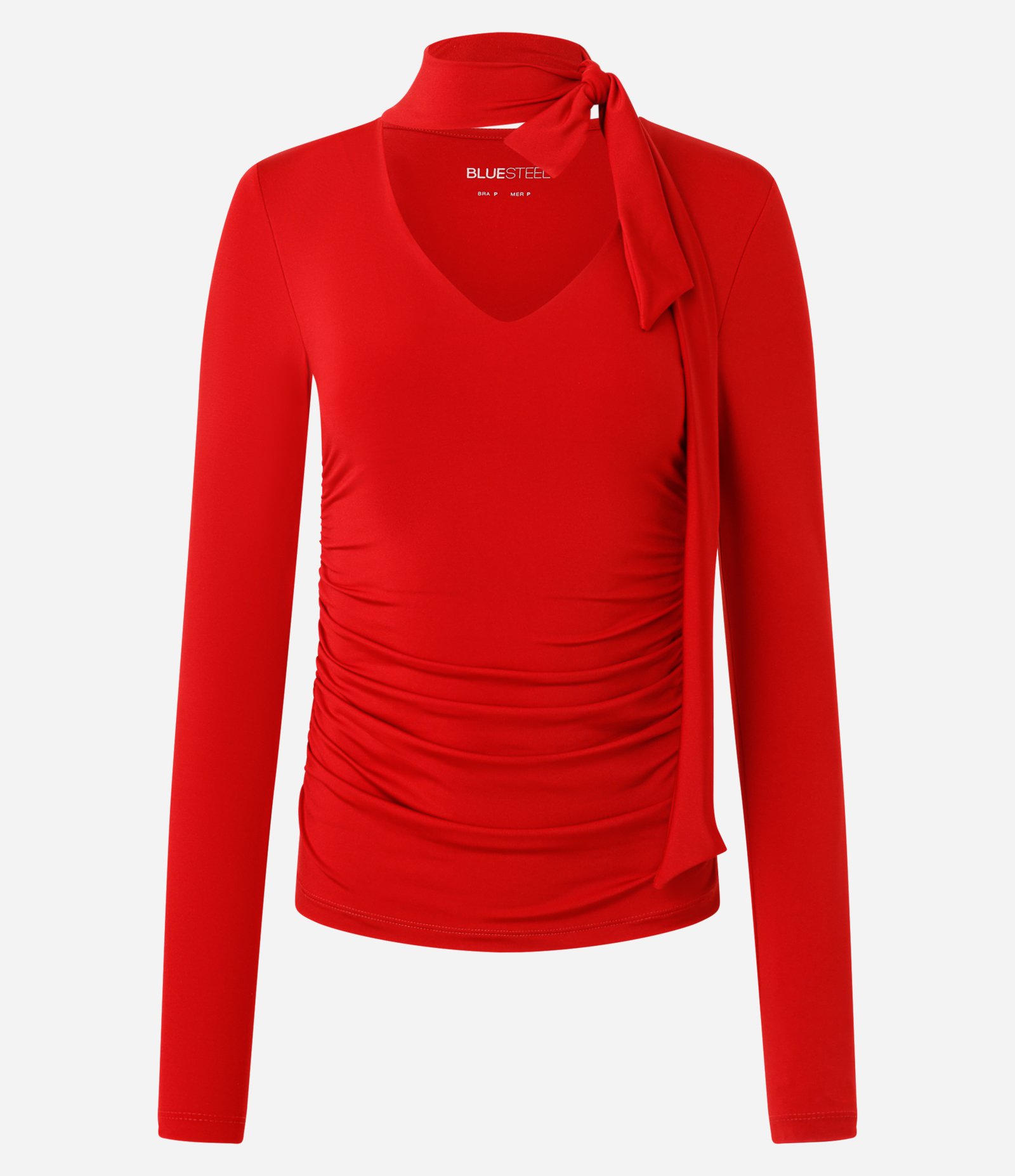 Blusa Franzida em Microfibra com Decote V e Gola Laço Vermelho 5