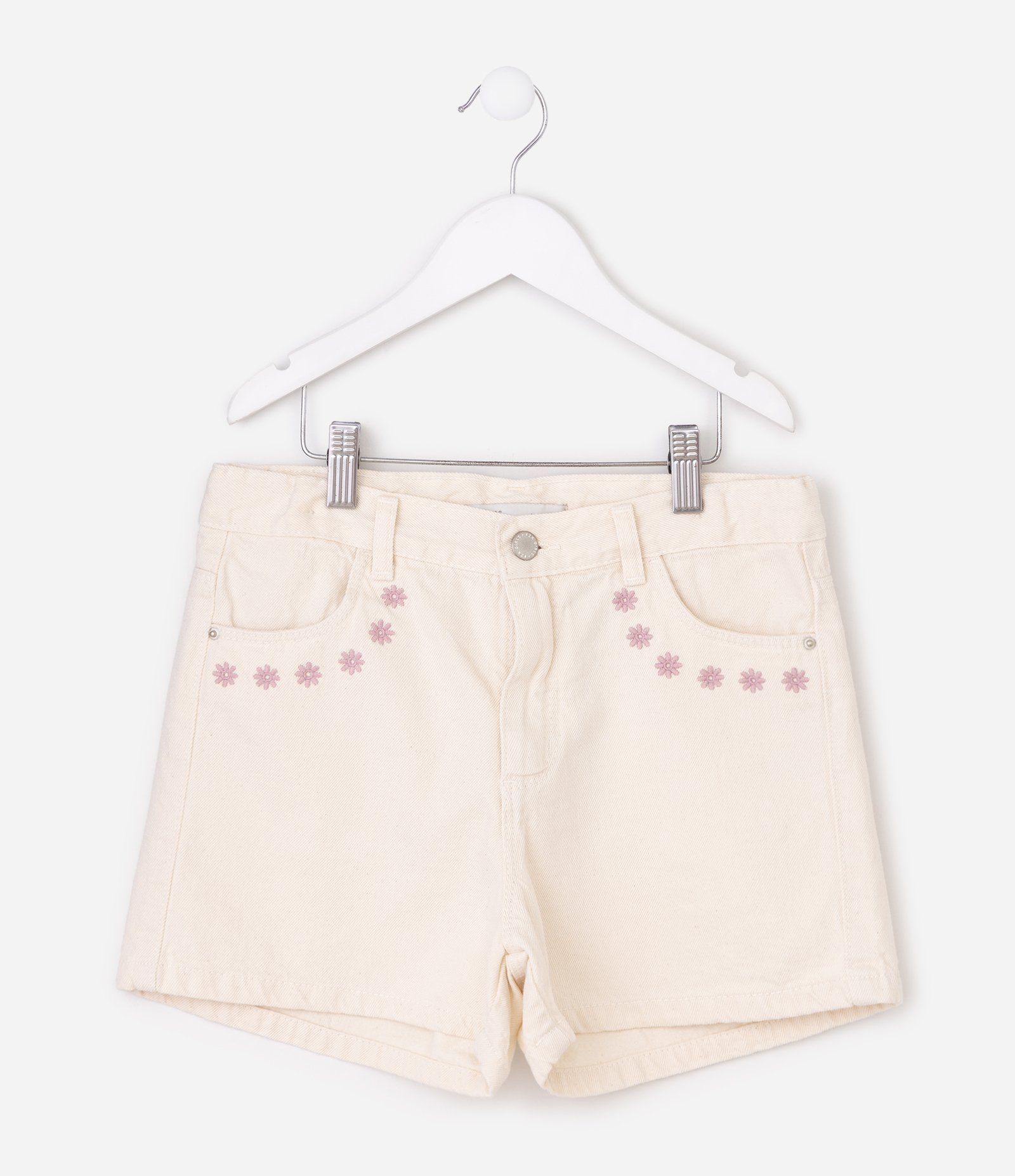 Short Reto Infantil em Sarja com Bordado Floral – Tam 5 a 16 Anos Off White 1