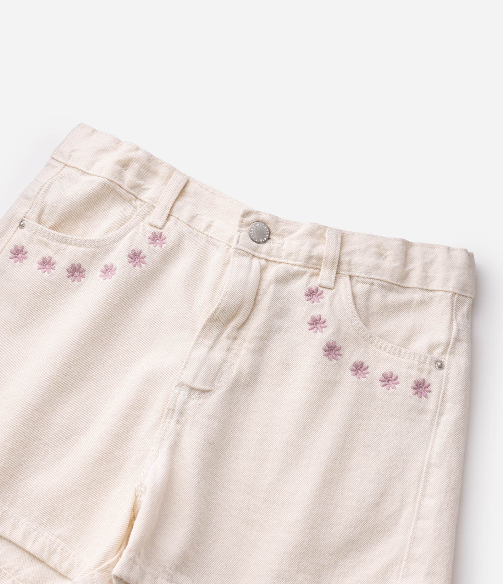 Short Reto Infantil em Sarja com Bordado Floral – Tam 5 a 16 Anos Off White 4