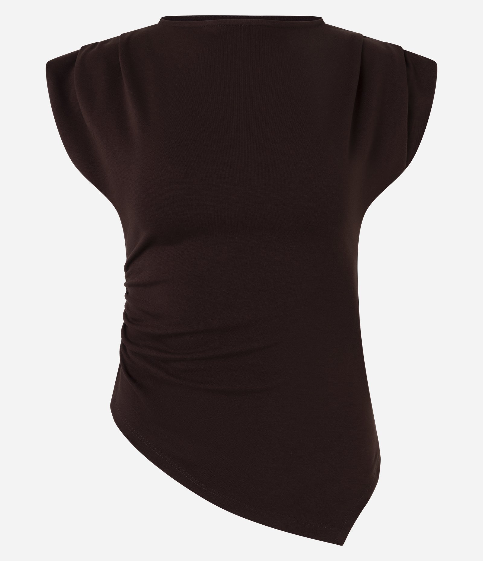 Blusa em Ponto Roma com Efeito Drapeado nos Ombros e Barra Assimétrica Marrom 5