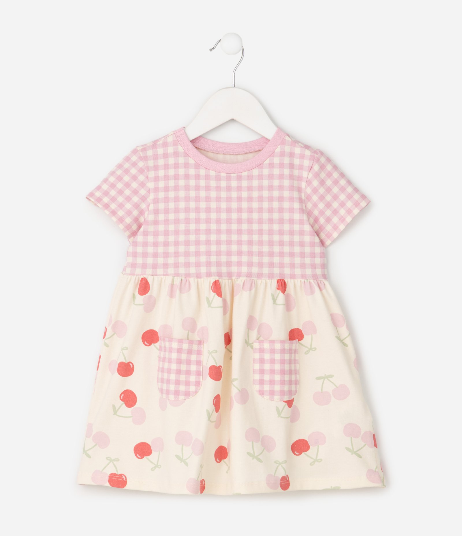 Vestido Infantil com Saia em Estampa de Cerejas e Bolsos Xadrez – Tam 1 a 6 Anos Rosa/Off White 2