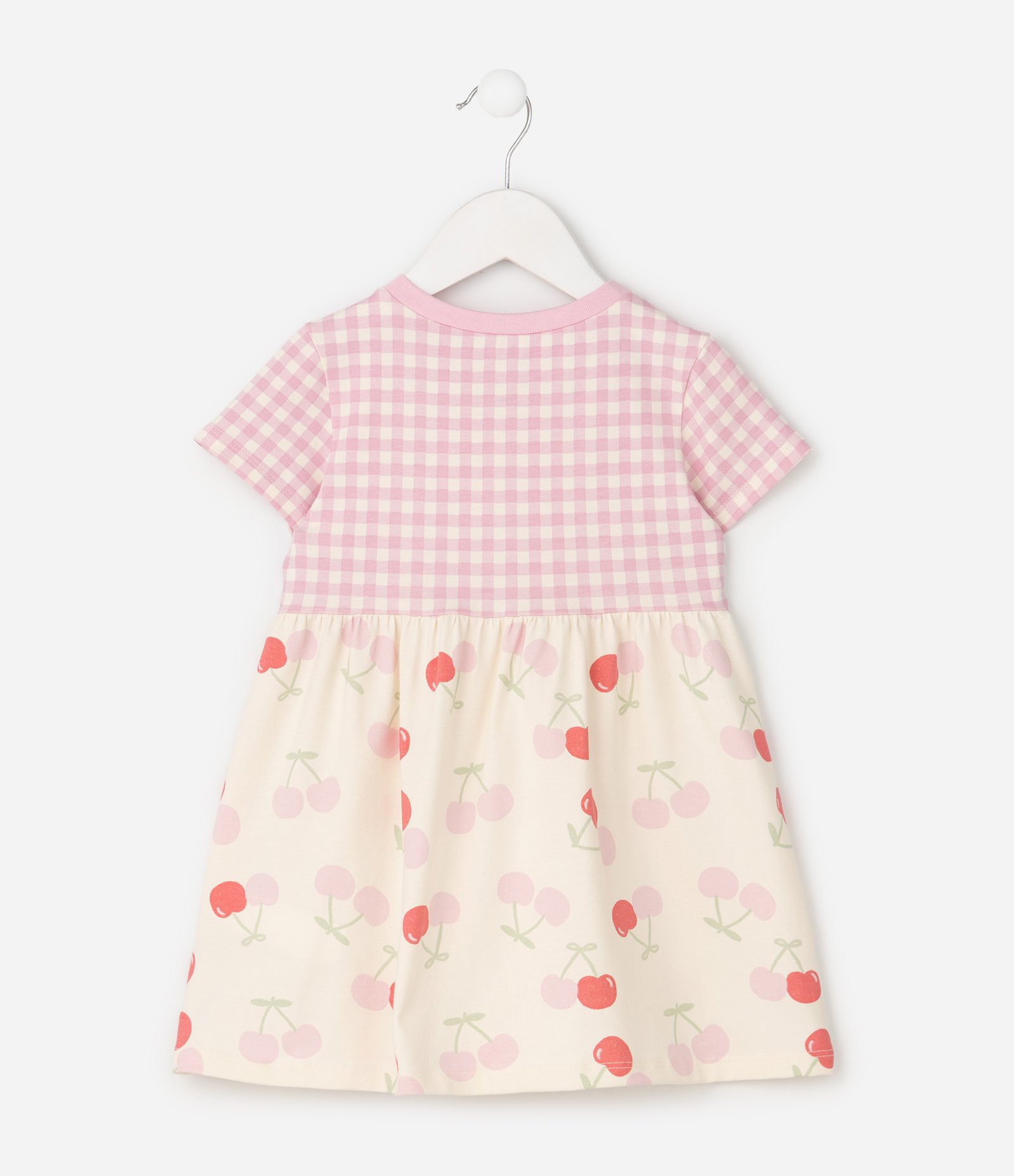 Vestido Infantil com Saia em Estampa de Cerejas e Bolsos Xadrez – Tam 1 a 6 Anos Rosa/Off White 3