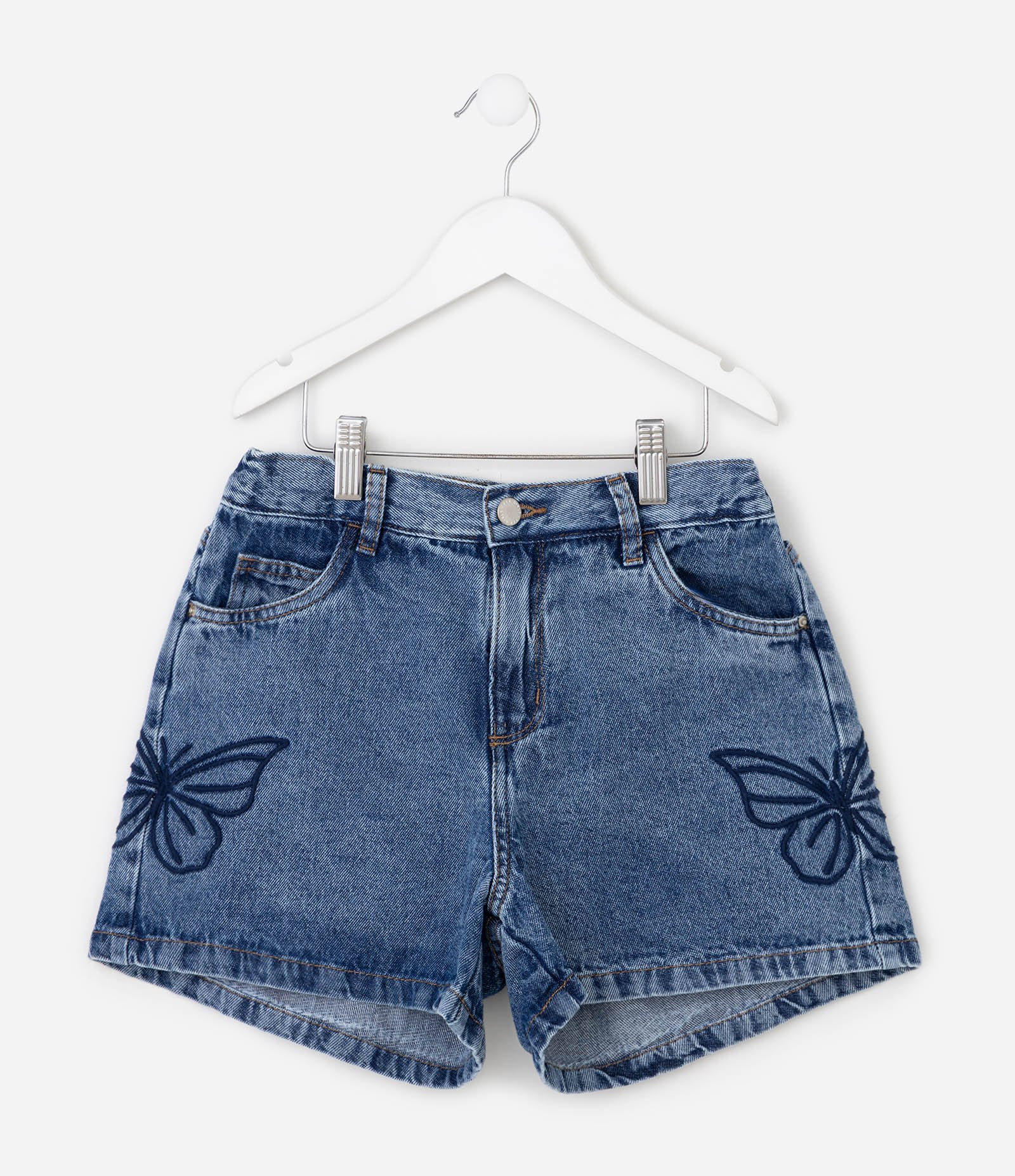 Bermuda Infantil Jeans com Bordado de Borboletas - Tam 5 a 16 Anos Azul Médio 7