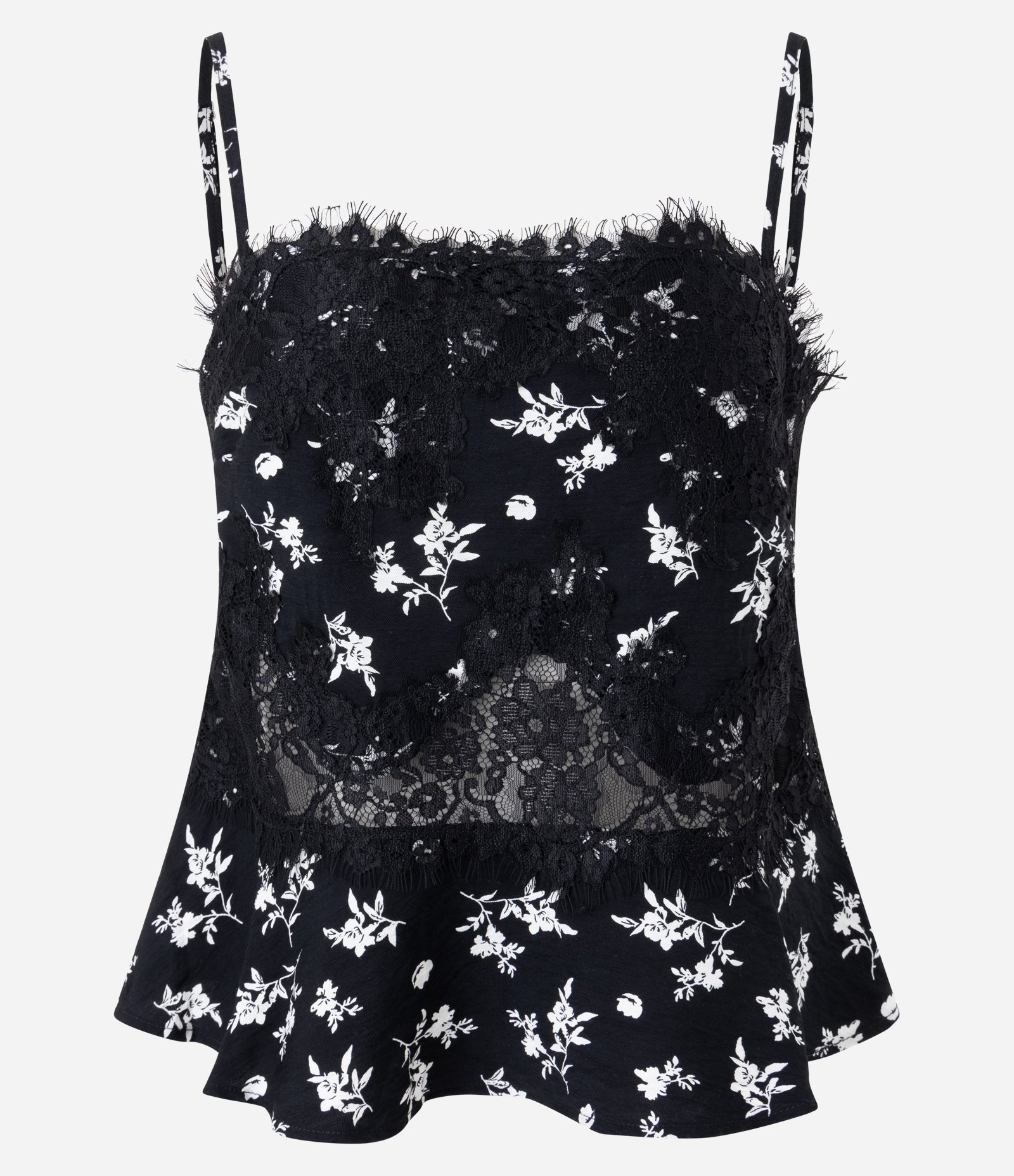 Blusa Peplum Alcinha com Renda Aplicada e Estampa Floral Preto 5