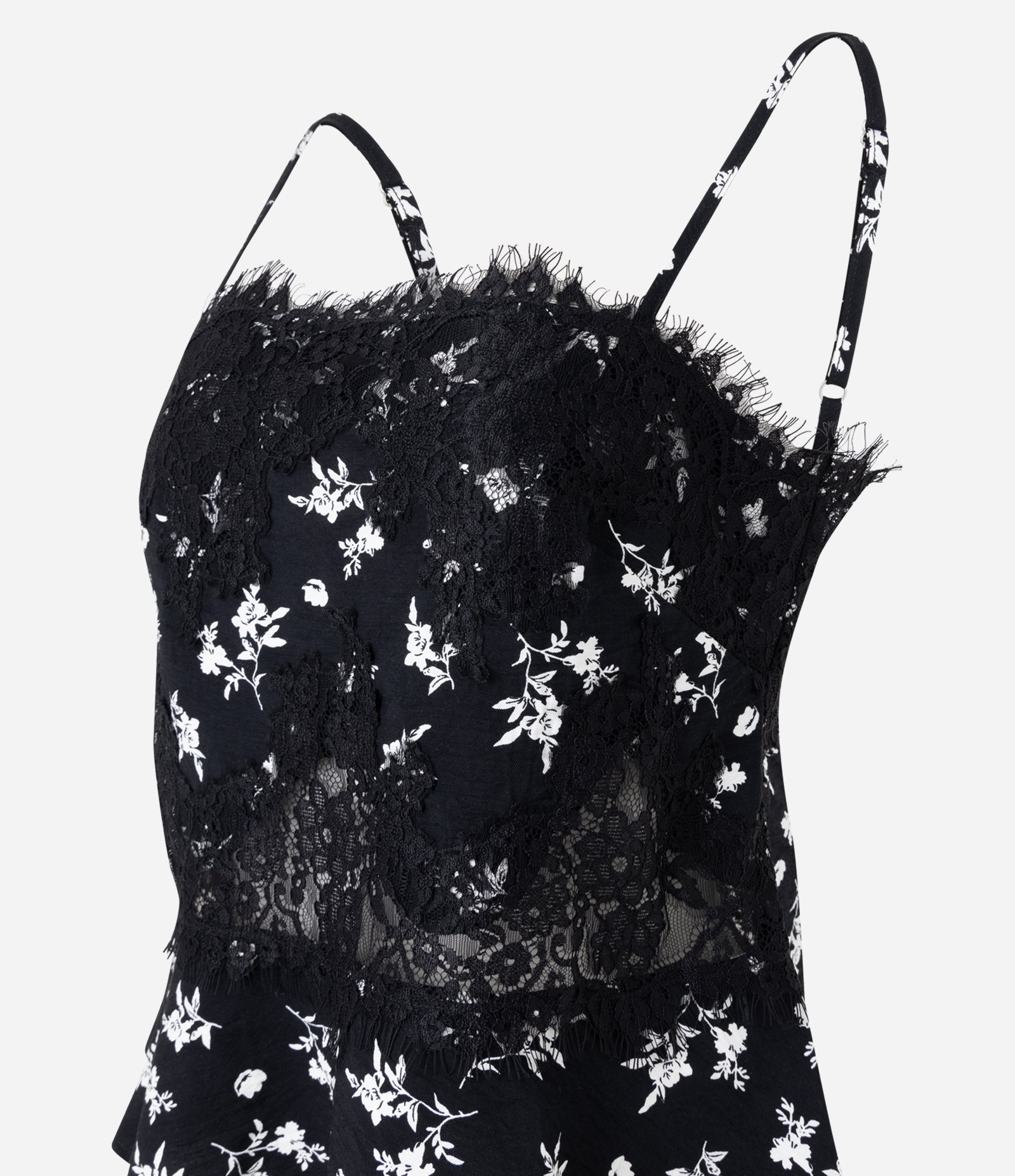 Blusa Peplum Alcinha com Renda Aplicada e Estampa Floral Preto 6