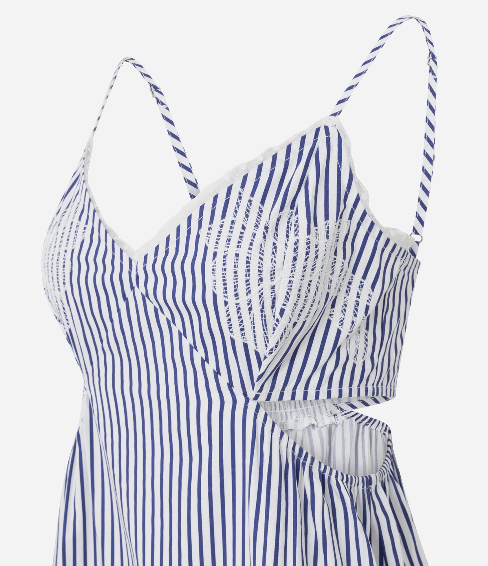 Vestido Evasê em Tricoline Listrado com Bordado Branco 6