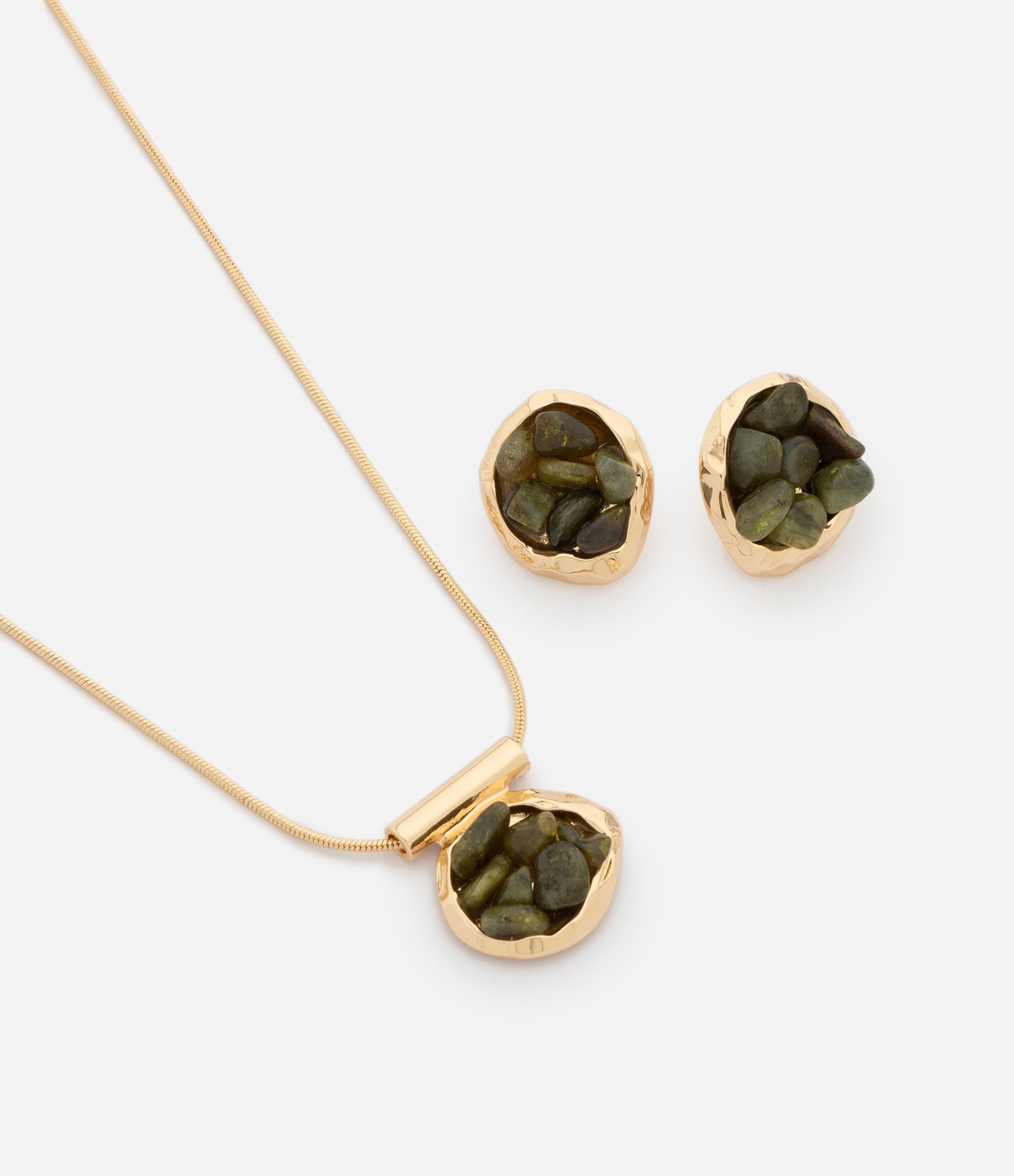 Conjunto Colar Médio e Brincos com Pingente de Cascalho Dourado 1