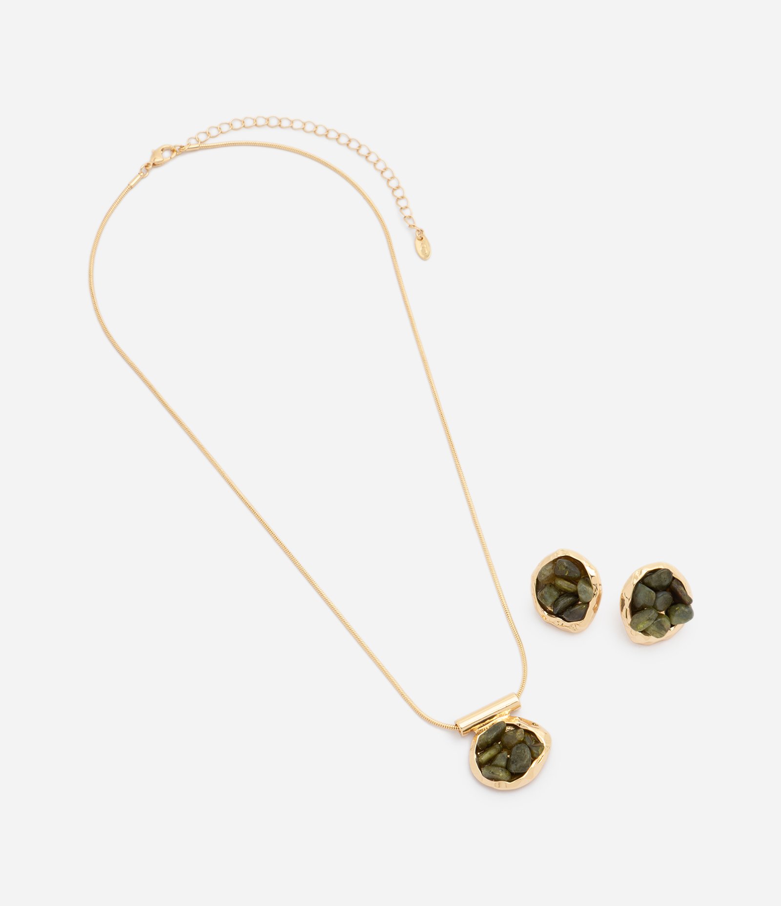 Conjunto Colar Médio e Brincos com Pingente de Cascalho Dourado 2