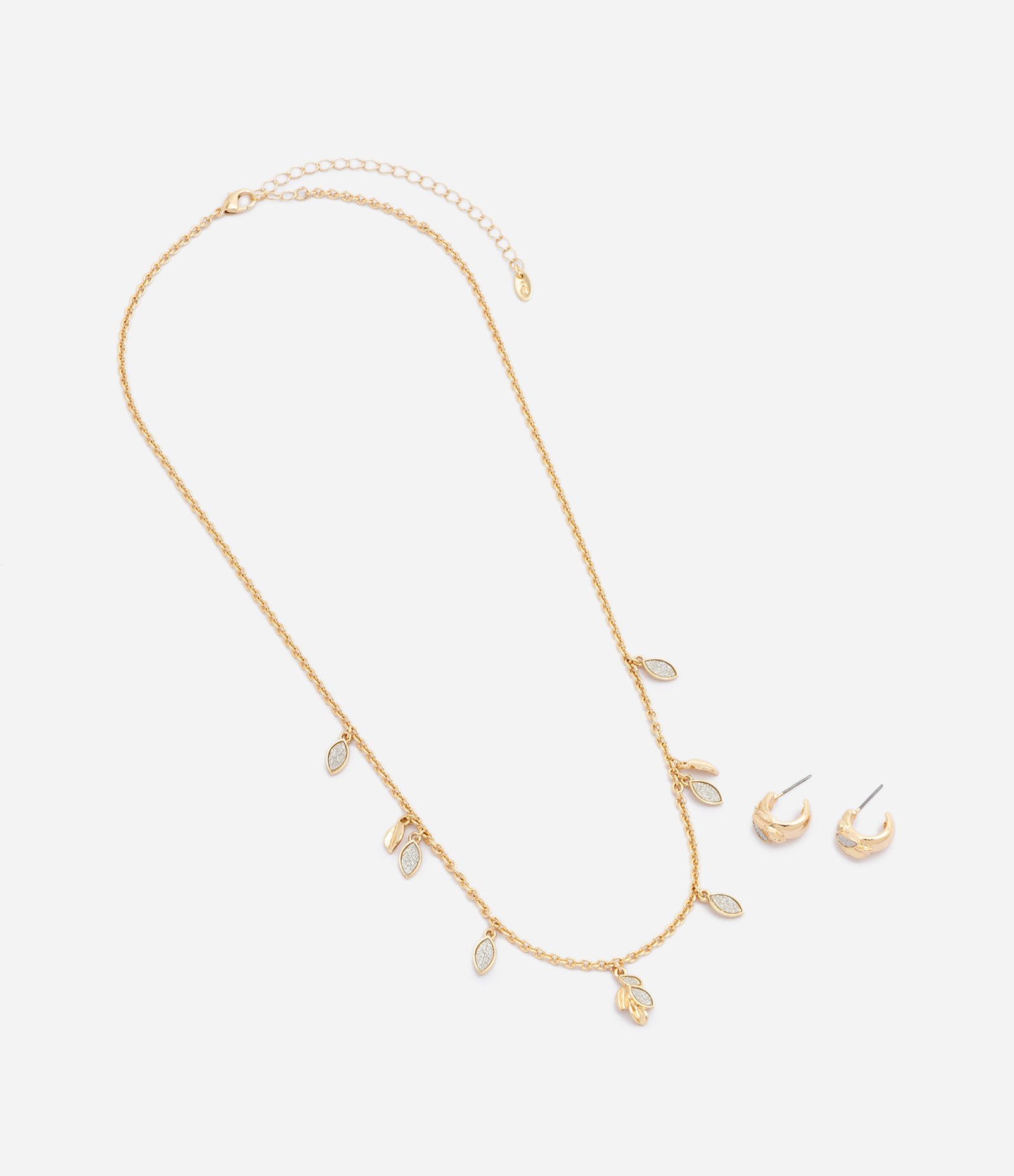 Conjunto Colar Médio com Pingentes de Folhas e Brincos em Metal Dourado 2