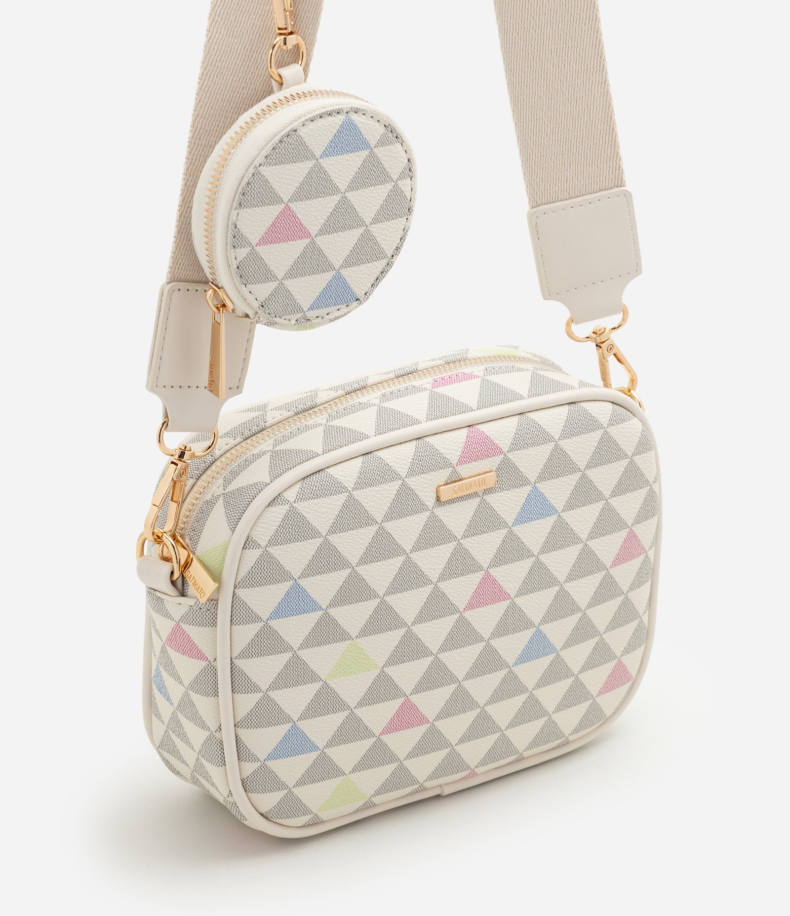Bolsa Câmera Bag em PU com Porta Moedas e Estampa Triângulos Off White 1