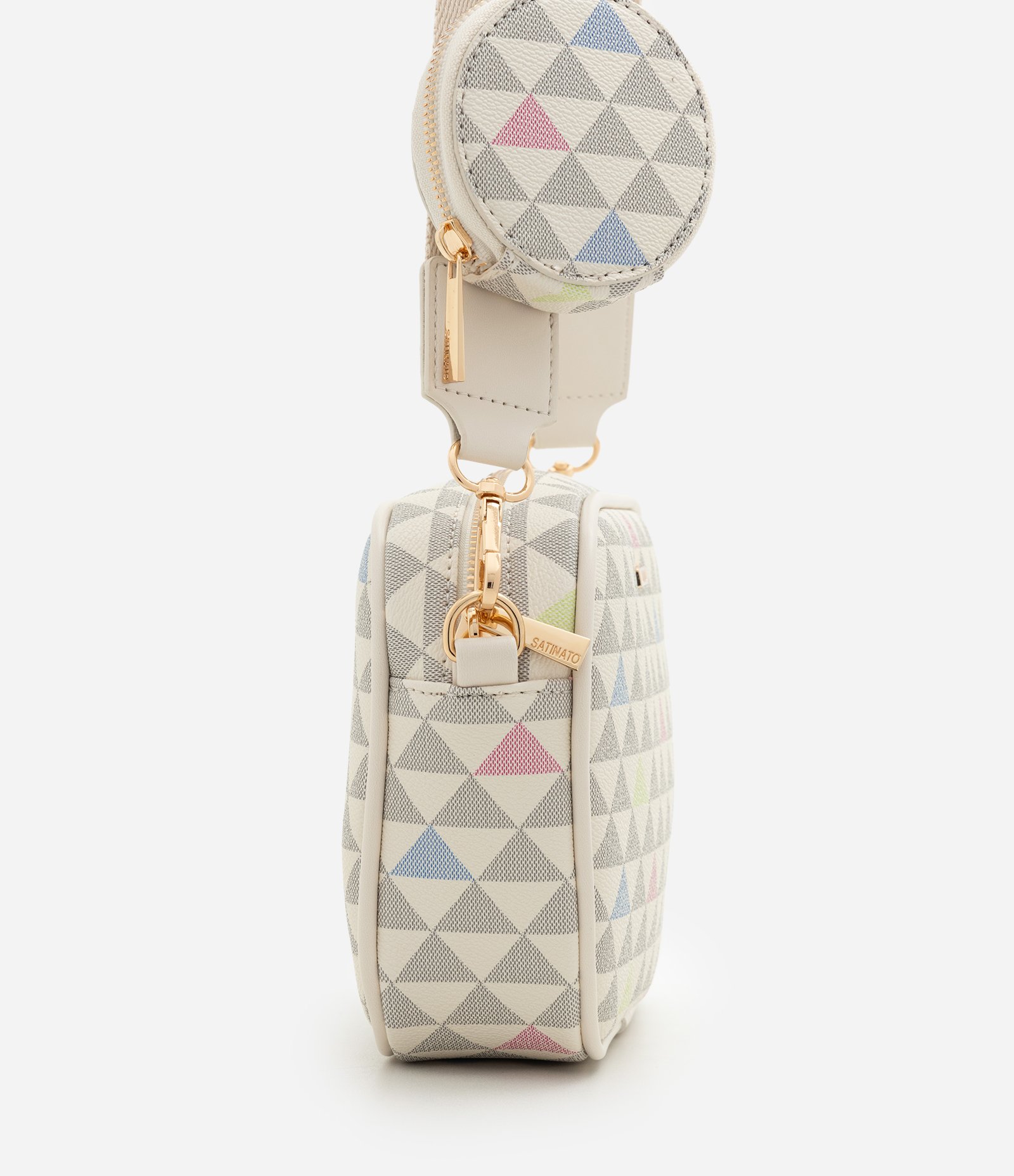 Bolsa Câmera Bag em PU com Porta Moedas e Estampa Triângulos Off White 2