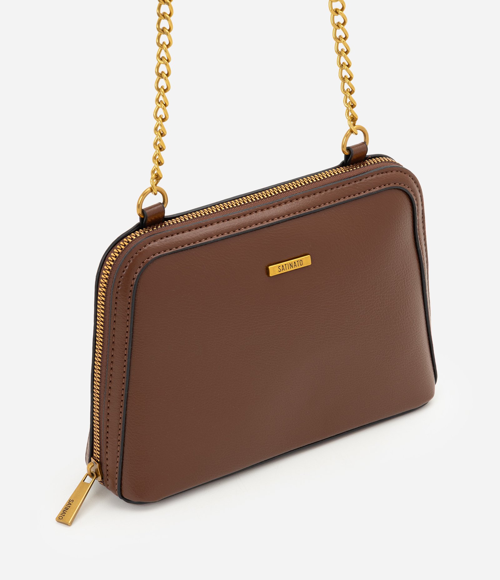 Bolsa Transversal Média em PU com Alça Corrente Marrom 1