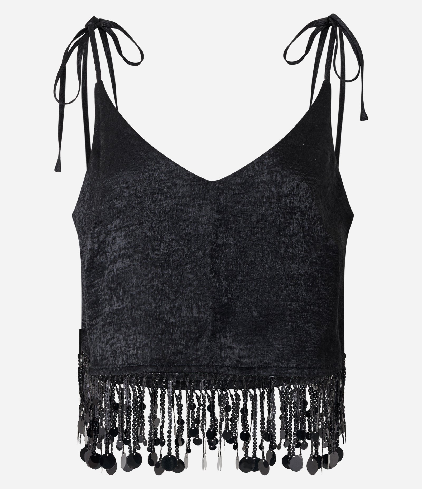 Blusa em Cetim com Alças para Amarração e Franjas de Lantejoulas Preto 5