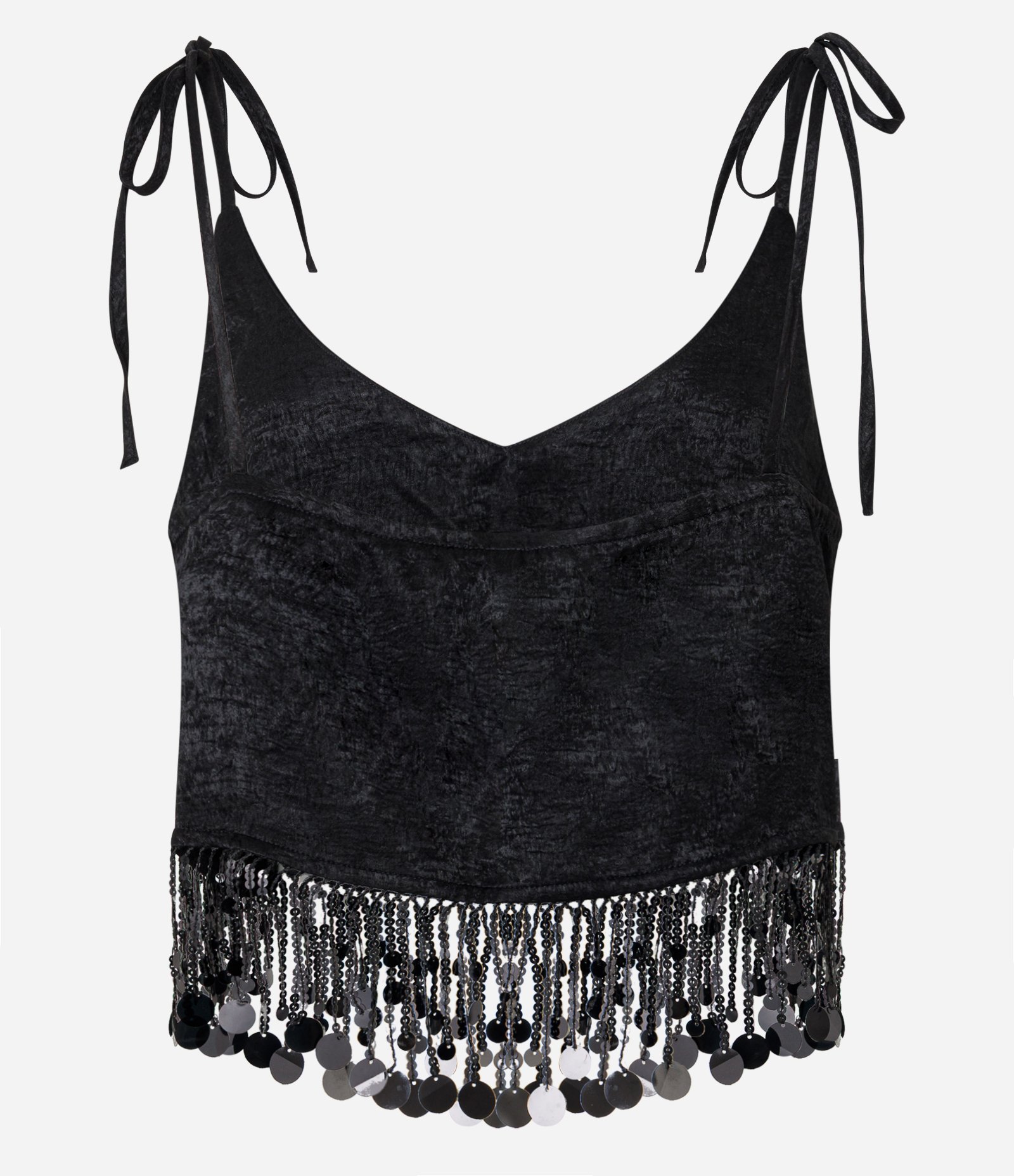 Blusa em Cetim com Alças para Amarração e Franjas de Lantejoulas Preto 7