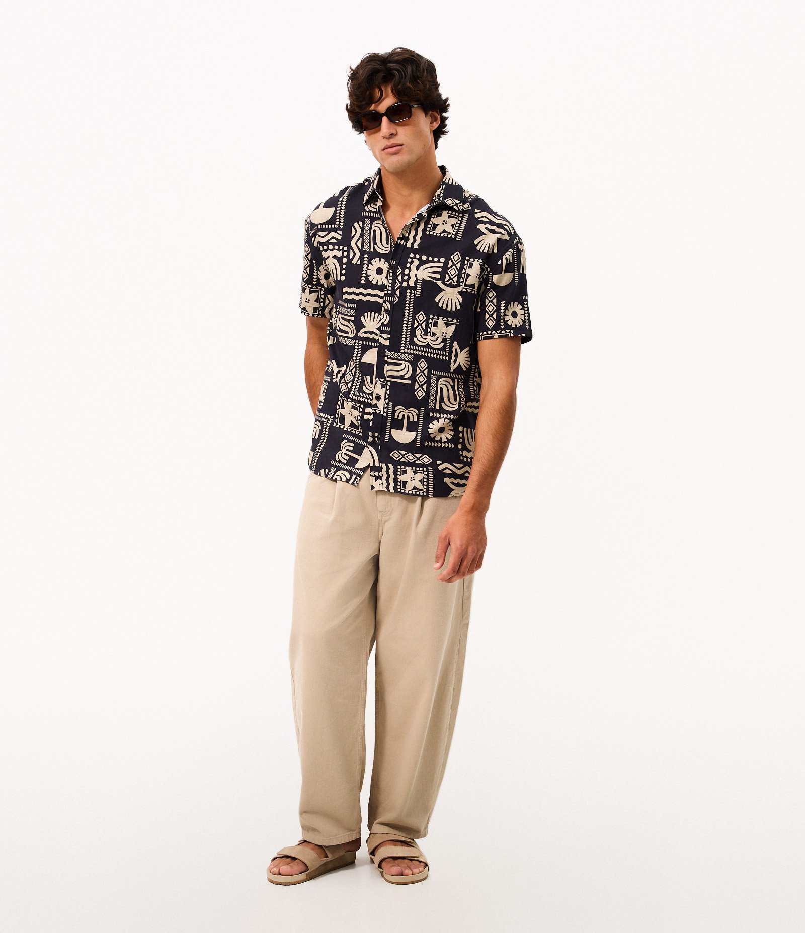Camisa Relaxed em Algodão Texturizado com Estampa Abstrata Preto 2