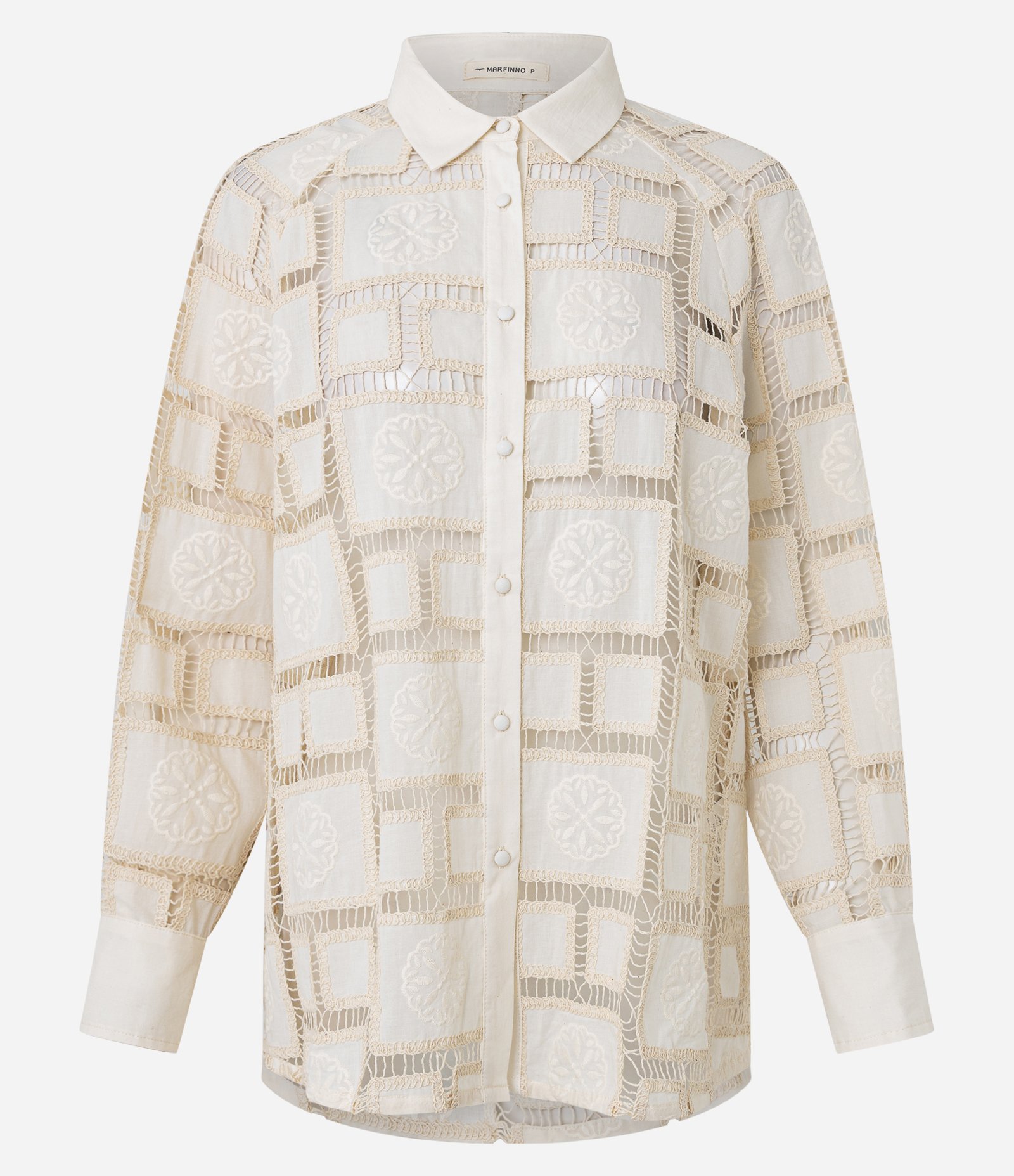 Camisa em Laise com Recortes Geométricos Bordados Bege 1