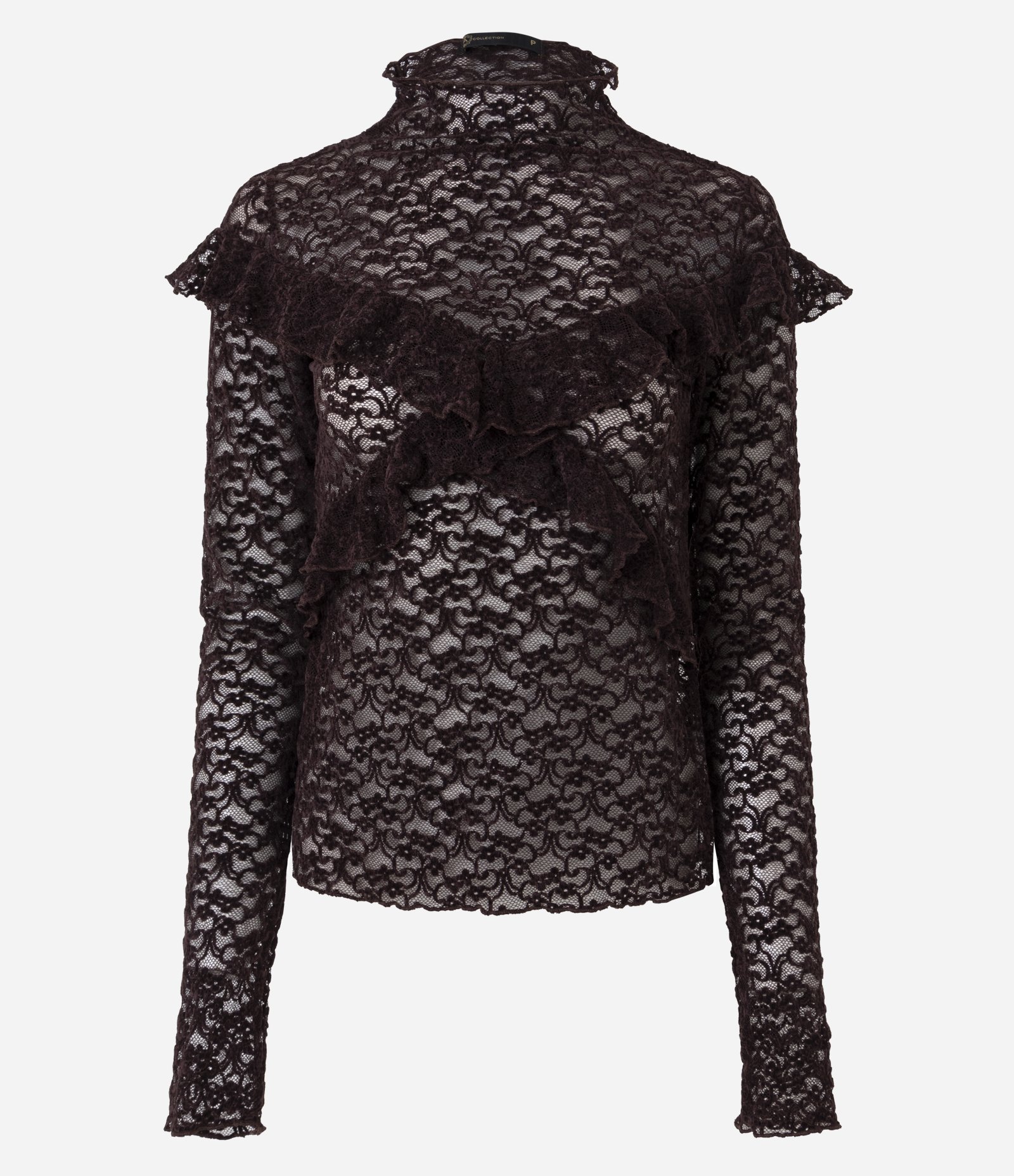 Blusa em Renda Aveludada com Aplicação de Babados Marrom 5