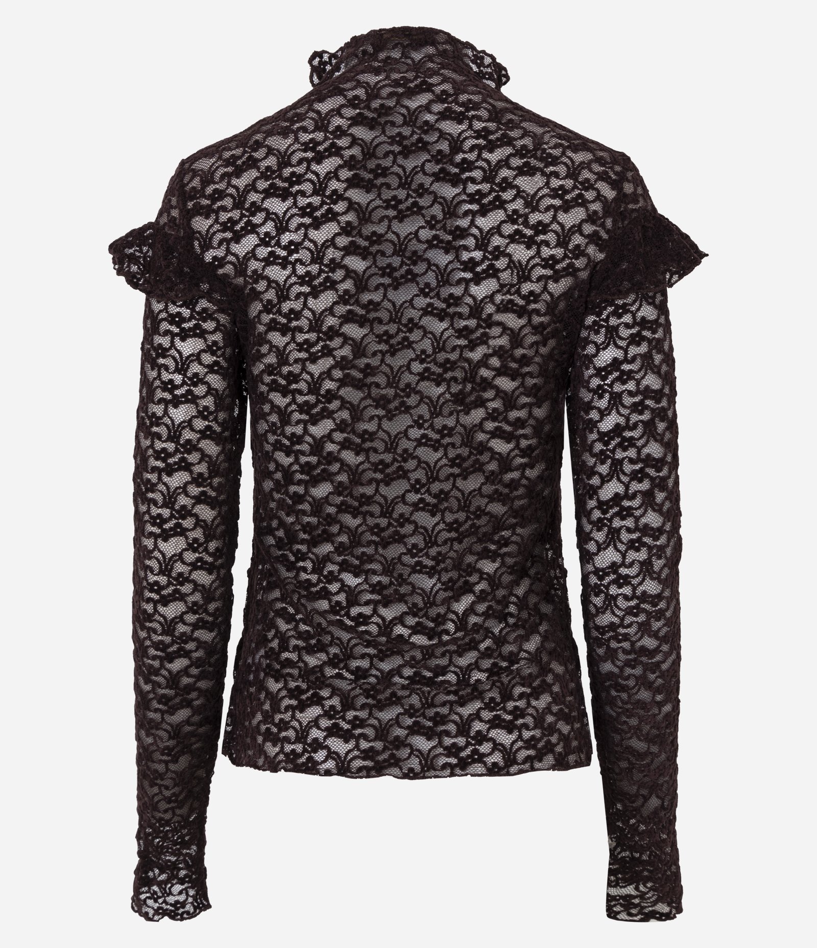 Blusa em Renda Aveludada com Aplicação de Babados Marrom 7