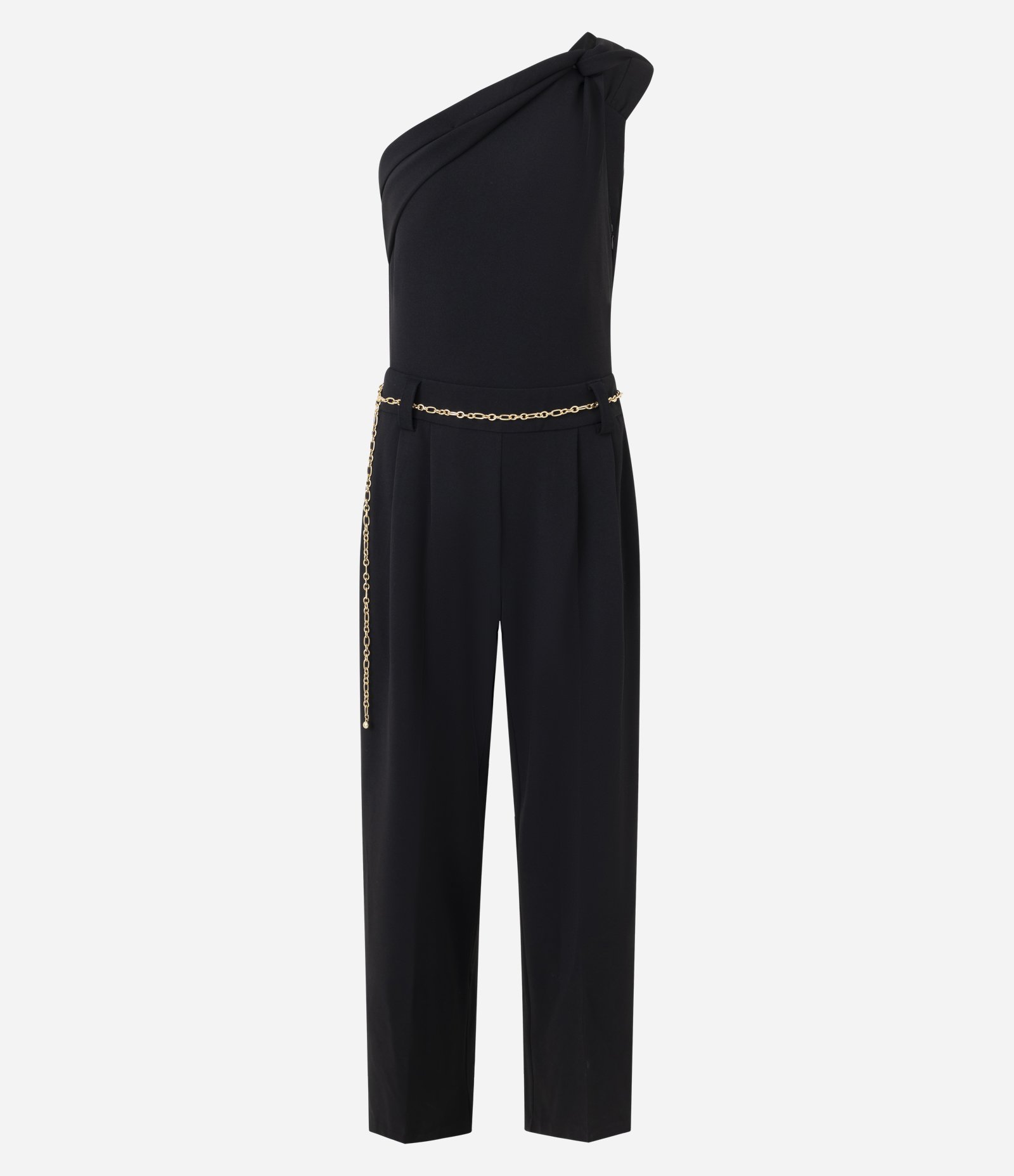 Macacão Wide Leg em Crepe com Cinto de Corrente Preto 1