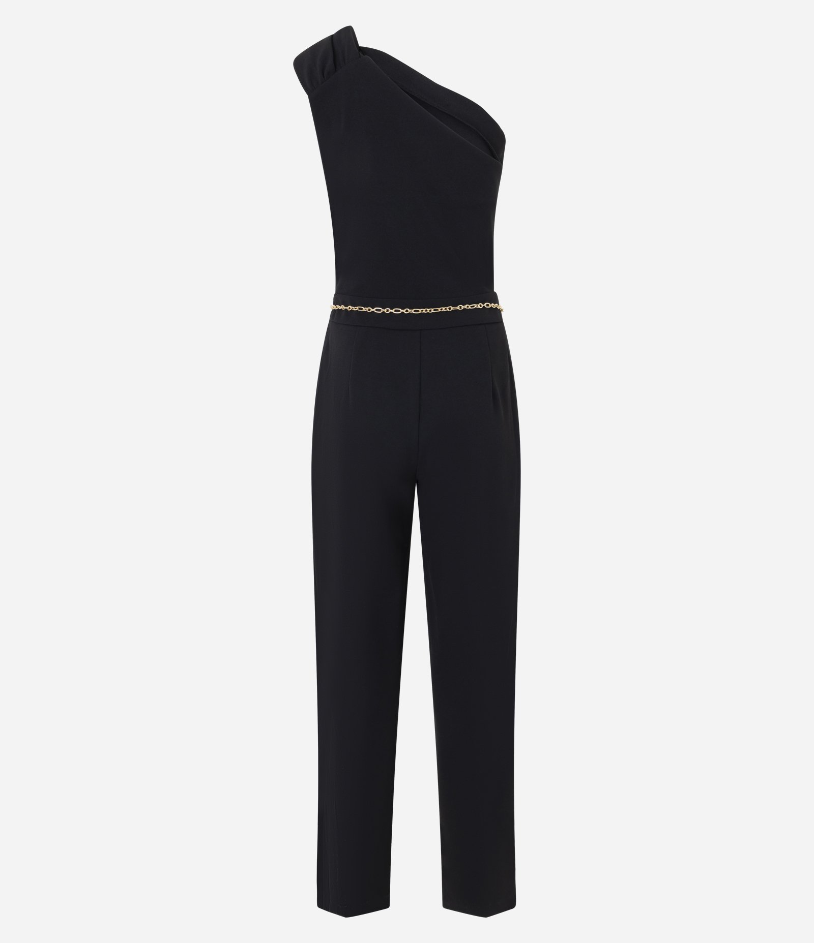 Macacão Wide Leg em Crepe com Cinto de Corrente Preto 2