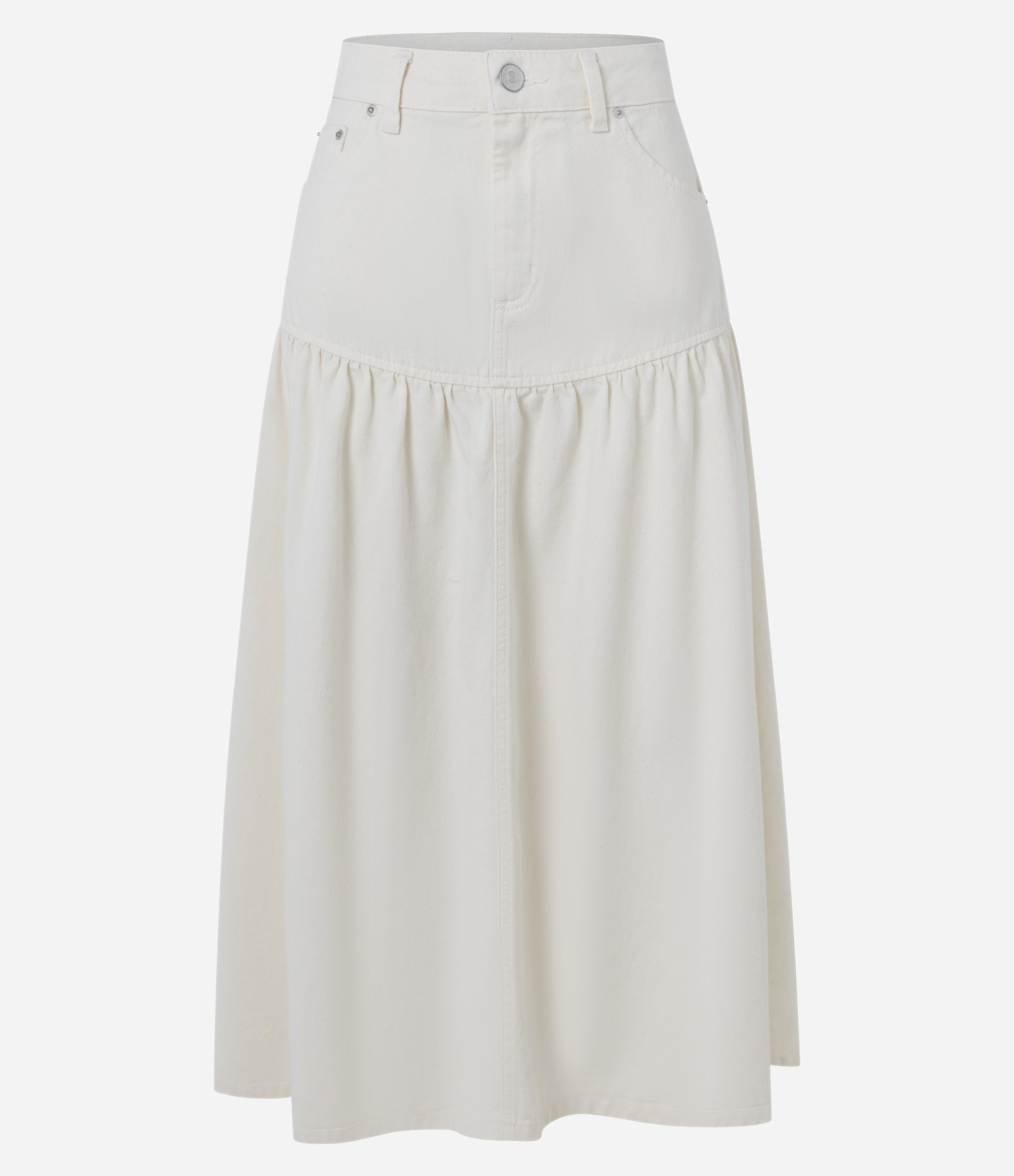 Saia Midi em Sarja com Recorte e Franzido Branco 5