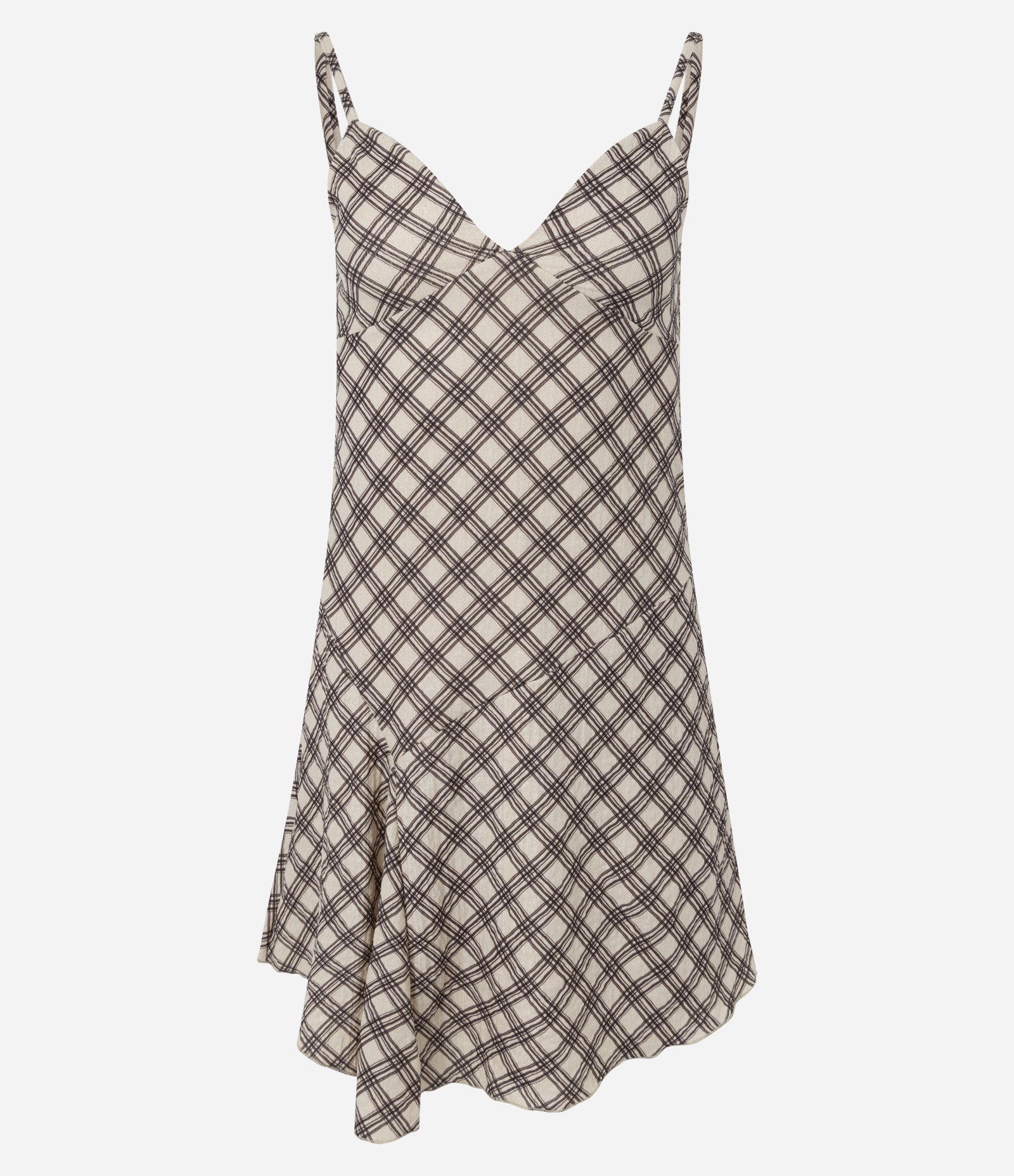 Vestido Curto de Alcinha em Xadrez com Saia Assimétrica Bege 1