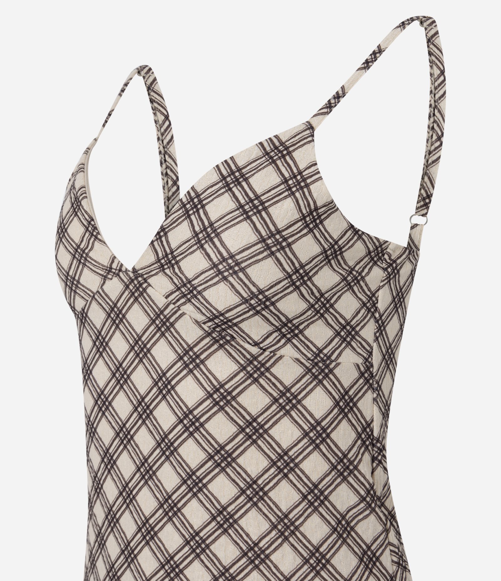 Vestido Curto de Alcinha em Xadrez com Saia Assimétrica Bege 2