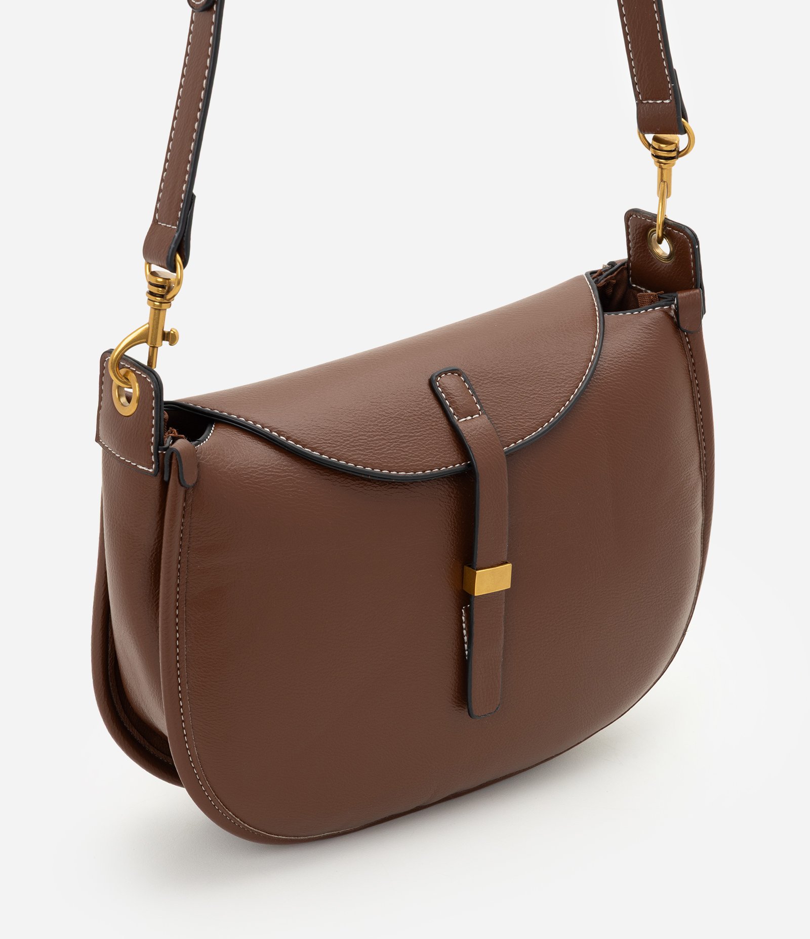 Bolsa Meia Lua Média em PU com Alça Transversal Marrom 1