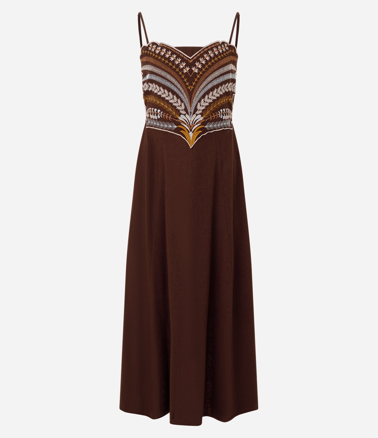 Vestido em Viscolinho com Bordado no Busto Marrom 1