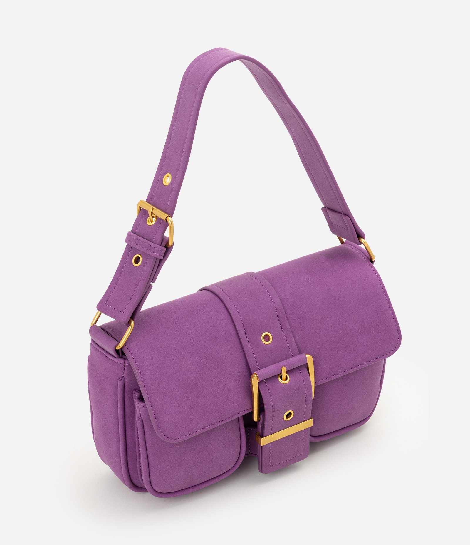 Bolsa Shoulder em Suede com Tampa e Bolsos Frontais Roxo 6