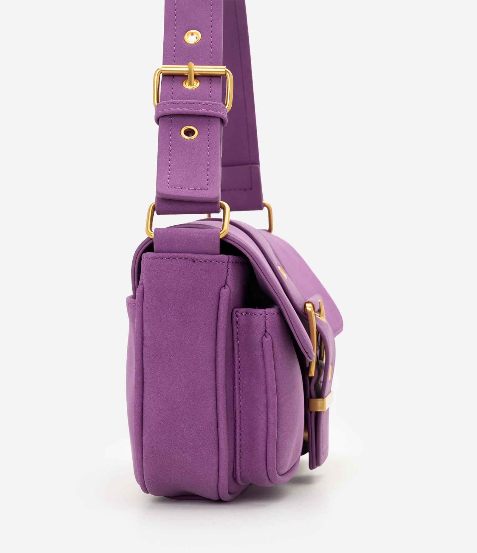 Bolsa Shoulder em Suede com Tampa e Bolsos Frontais Roxo 2