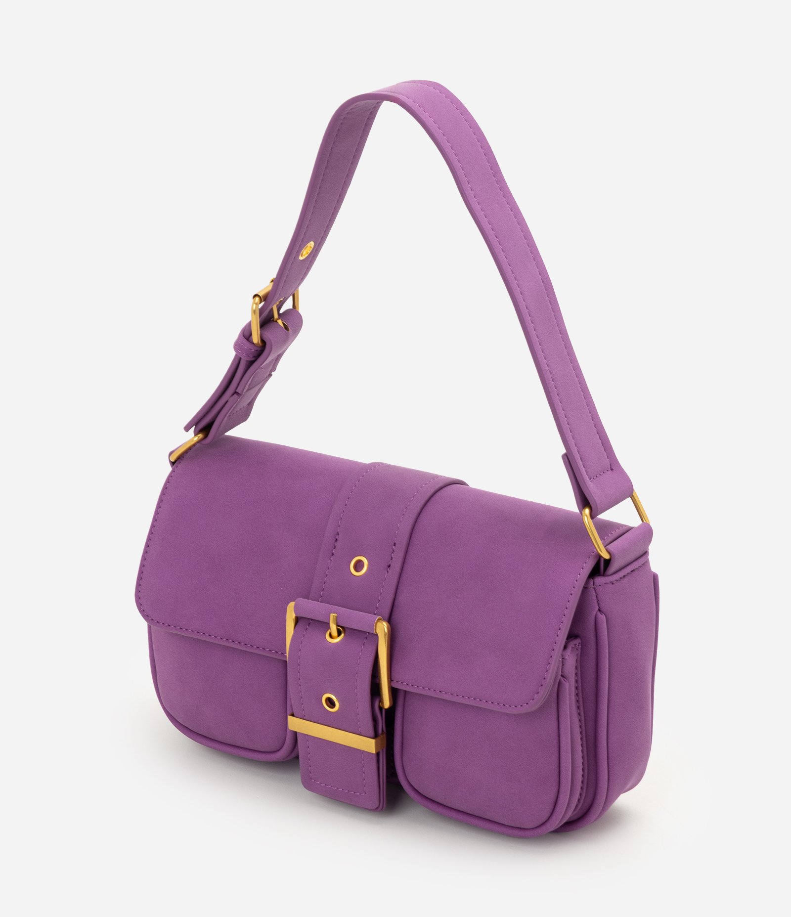 Bolsa Shoulder em Suede com Tampa e Bolsos Frontais Roxo 4