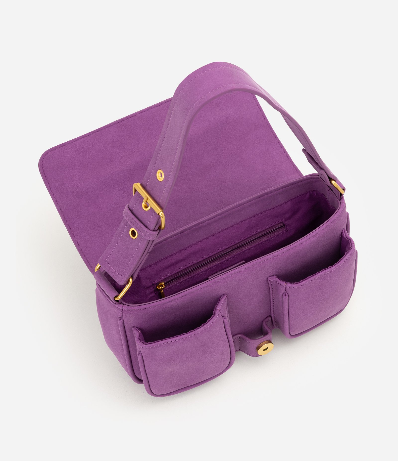 Bolsa Shoulder em Suede com Tampa e Bolsos Frontais Roxo 5