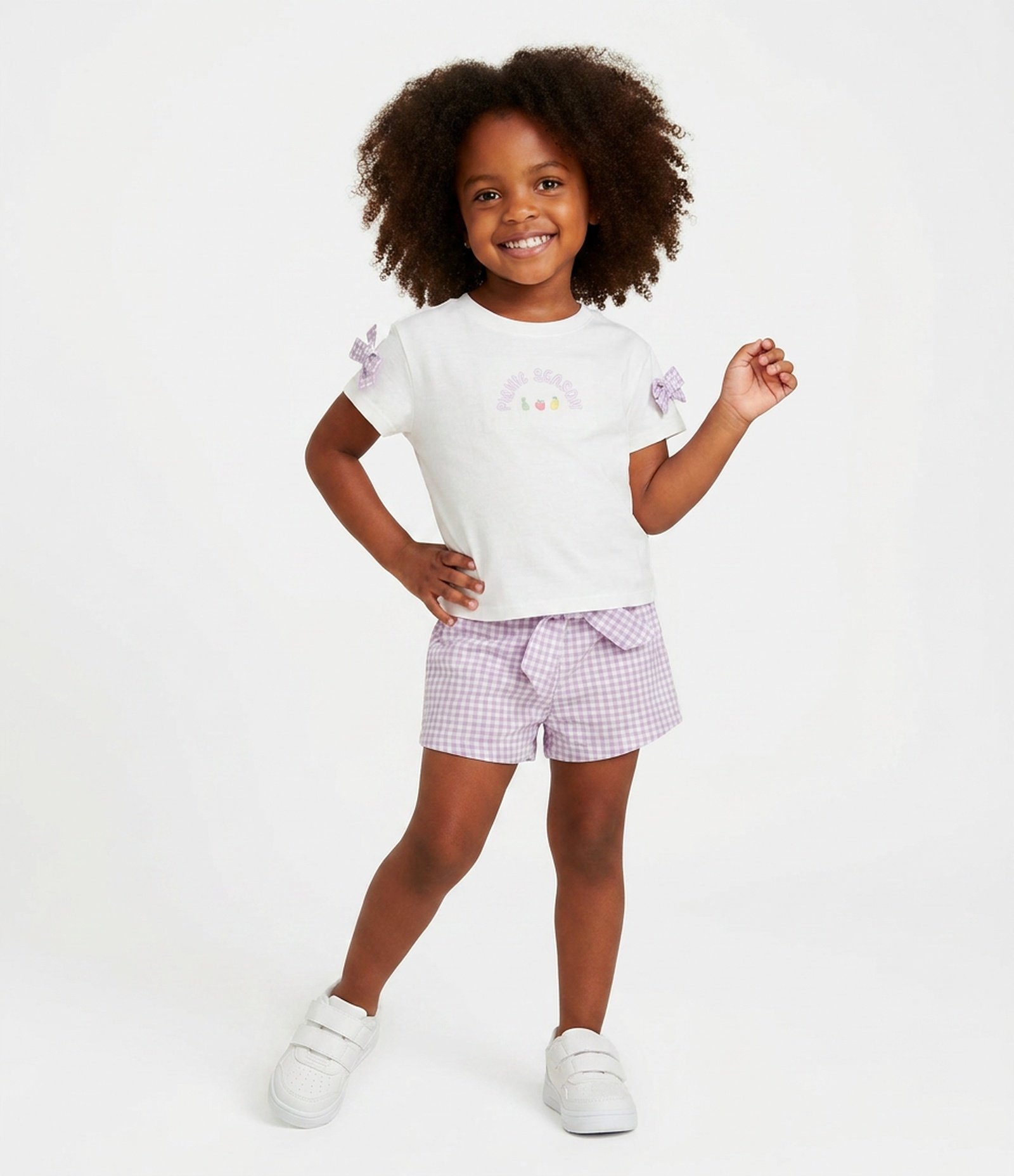 Conjunto Infantil Blusa com Laços e Short Saia com Estampa Vichy - Tam 1 A 6 Anos Branco/Lilás 1