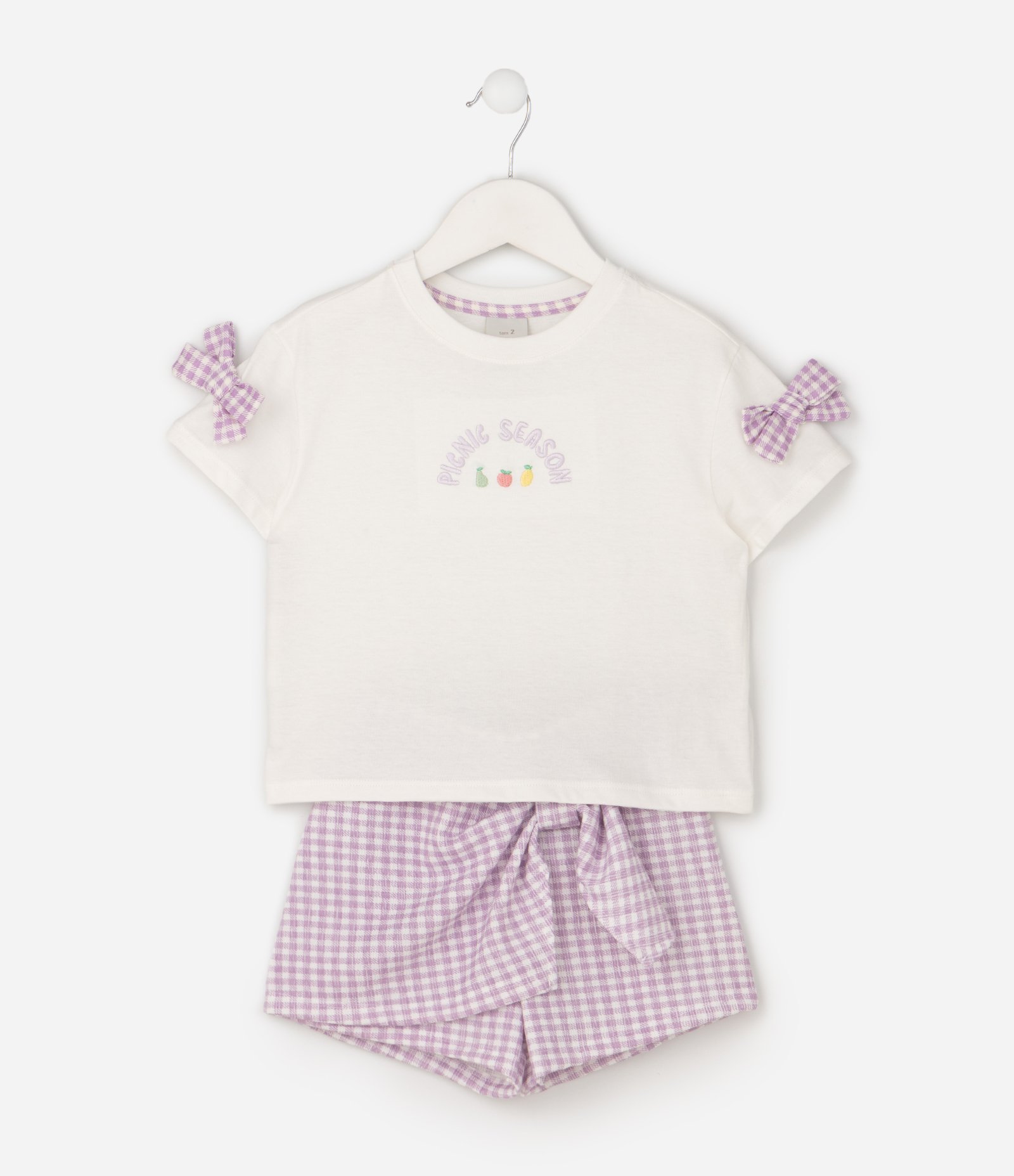 Conjunto Infantil Blusa com Laços e Short Saia com Estampa Vichy - Tam 1 A 6 Anos Branco/Lilás 2