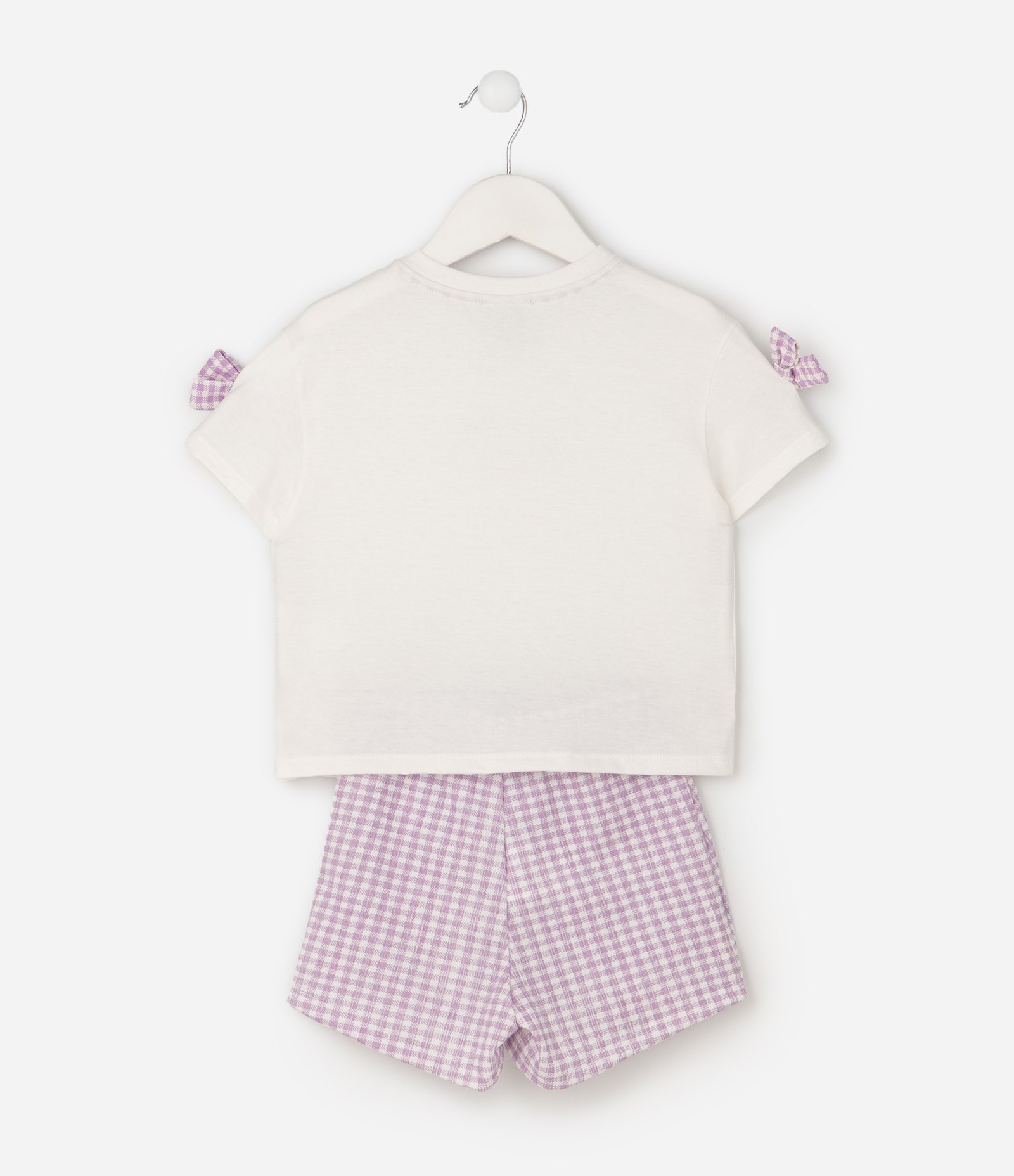 Conjunto Infantil Blusa com Laços e Short Saia com Estampa Vichy - Tam 1 A 6 Anos Branco/Lilás 3