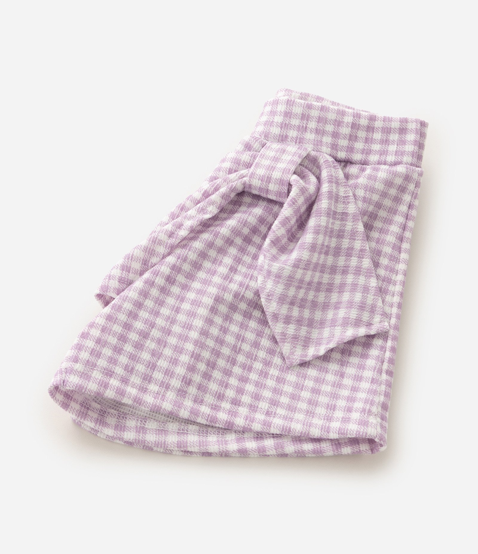Conjunto Infantil Blusa com Laços e Short Saia com Estampa Vichy - Tam 1 A 6 Anos Branco/Lilás 4